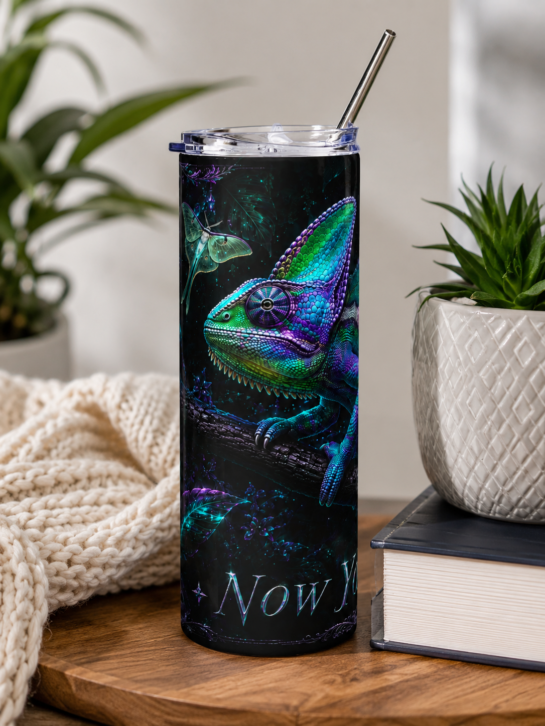 20oz Stainless Steel Tumbler — Iridescent Chameleon Night Design