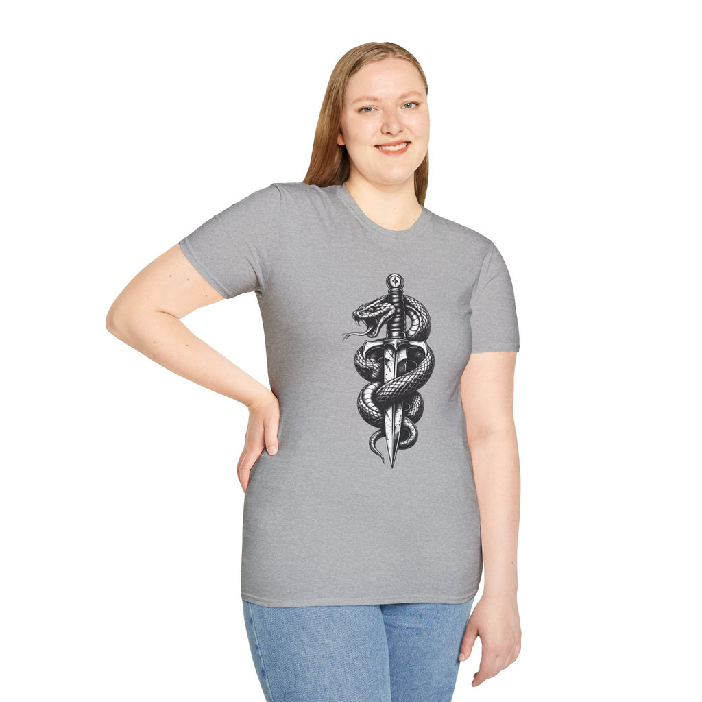 Snake and Dagger T-Shirt — Black Tattoo-Style Serpent Graphic Shirt