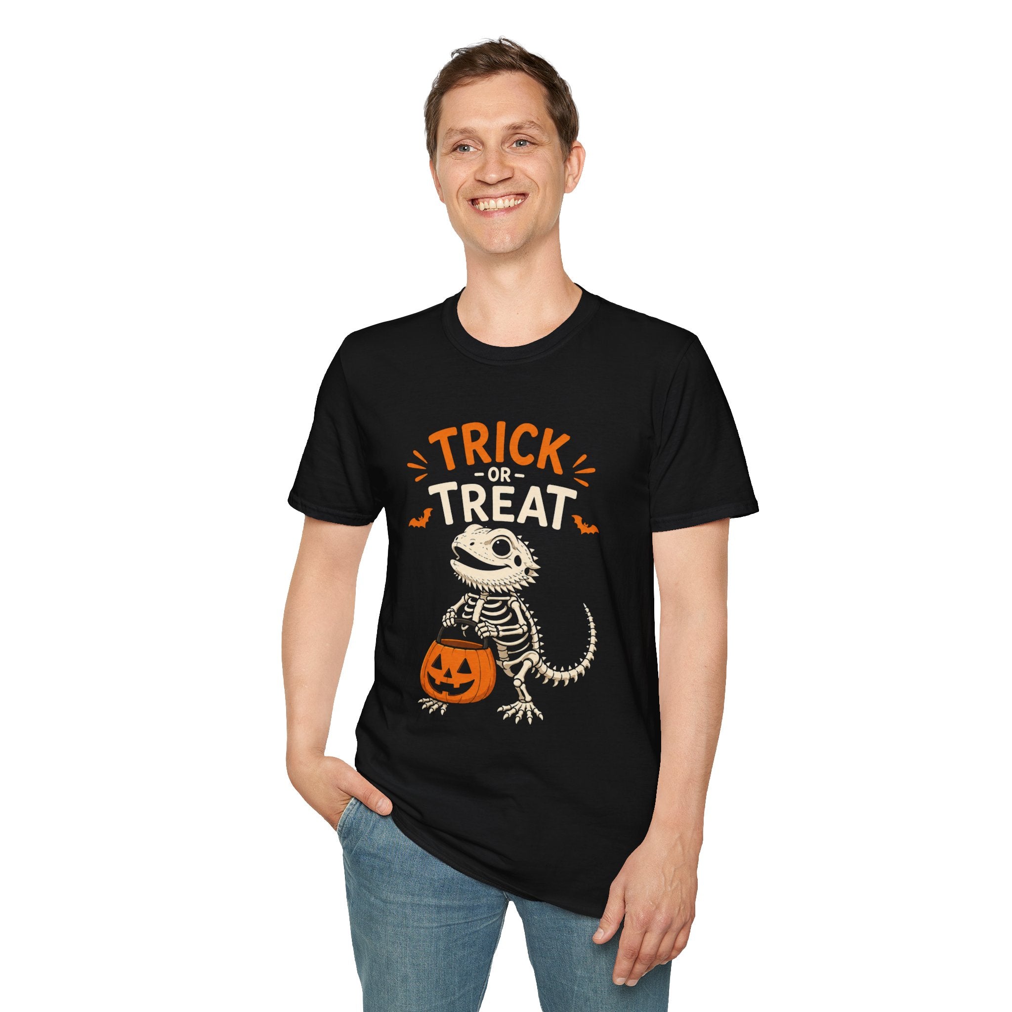 Trick or Treat Lizard Tee — Halloween Reptile Skeleton Pumpkin T-Shirt