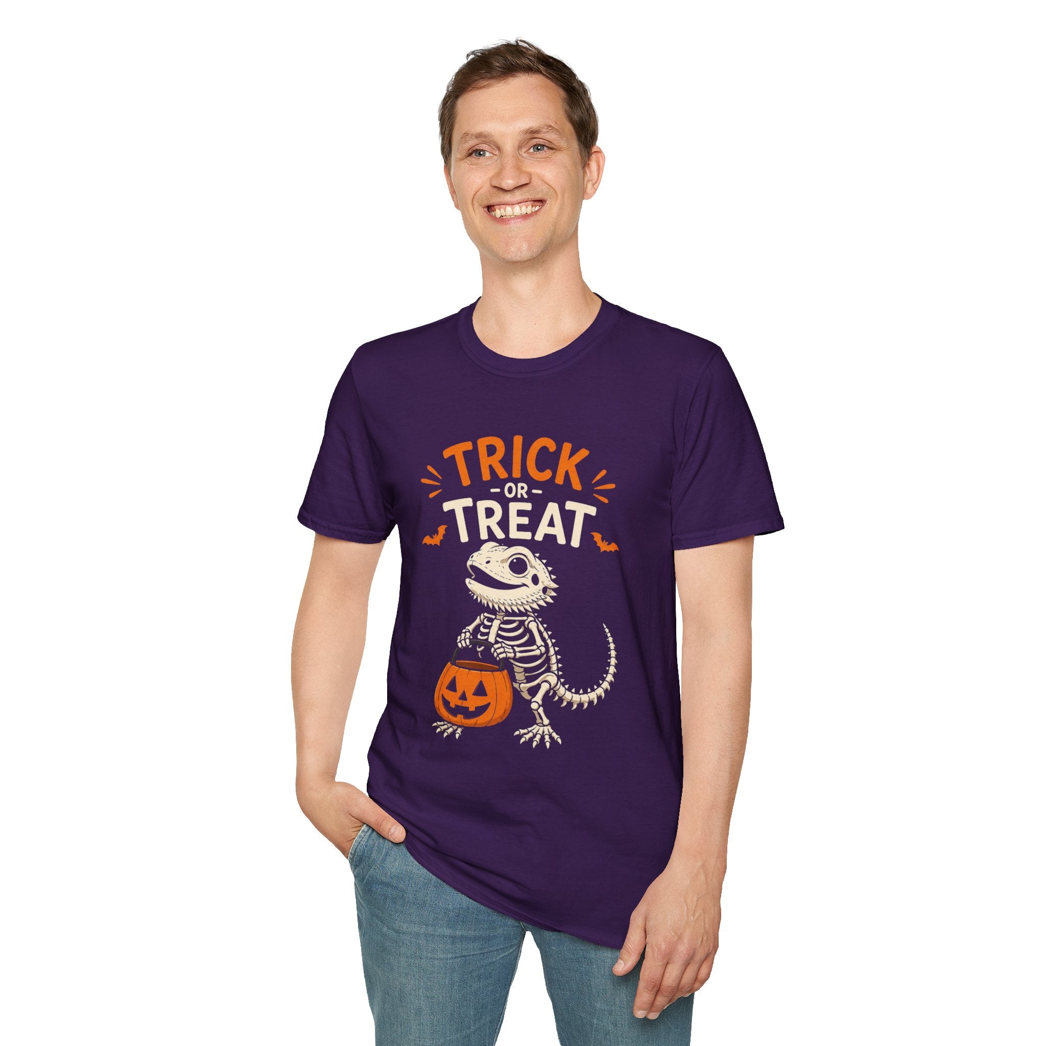 Trick or Treat Lizard Tee — Halloween Reptile Skeleton Pumpkin T-Shirt