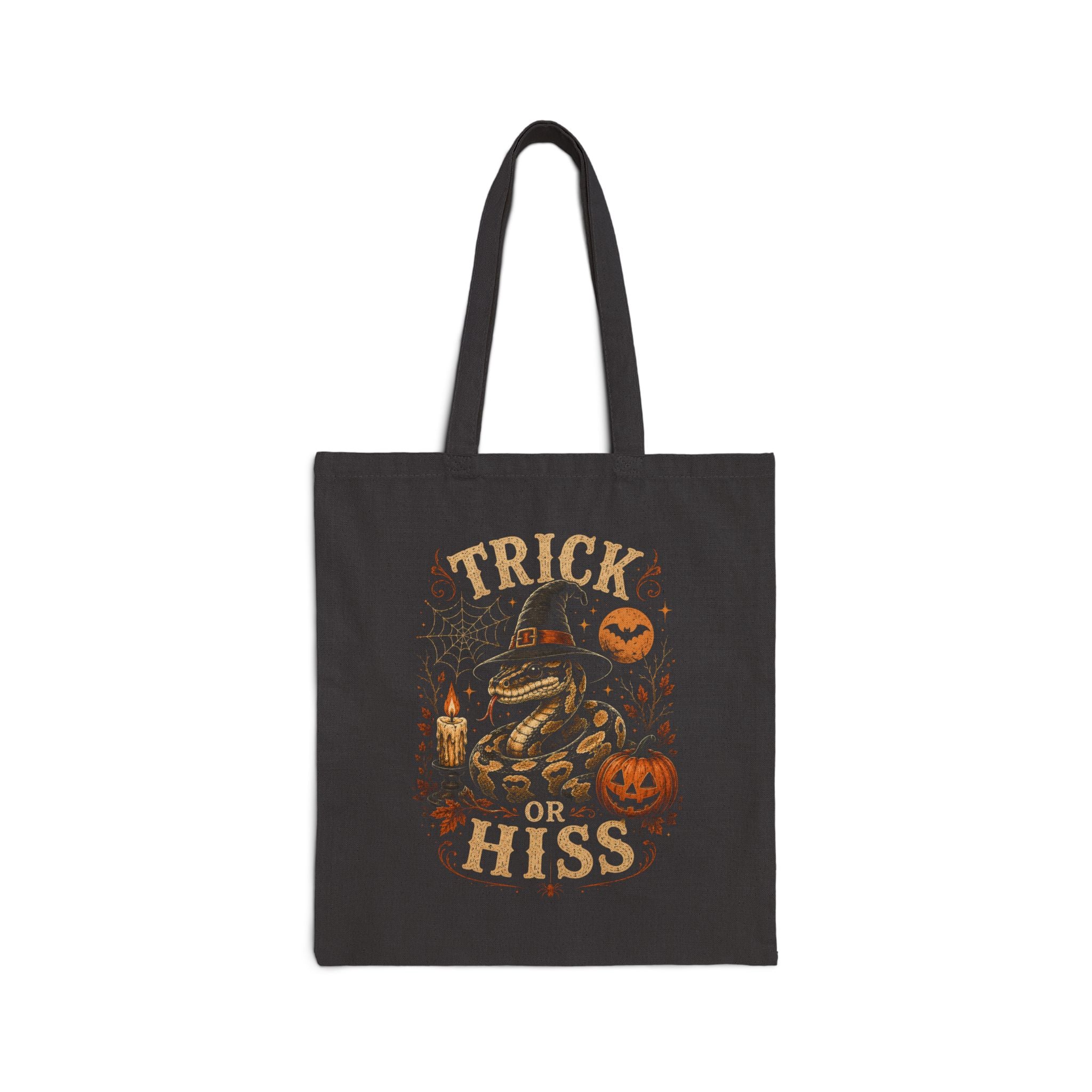Halloween Tote Bag — "Trick or Hiss" Witchy Snake Pumpkin Canvas Tote