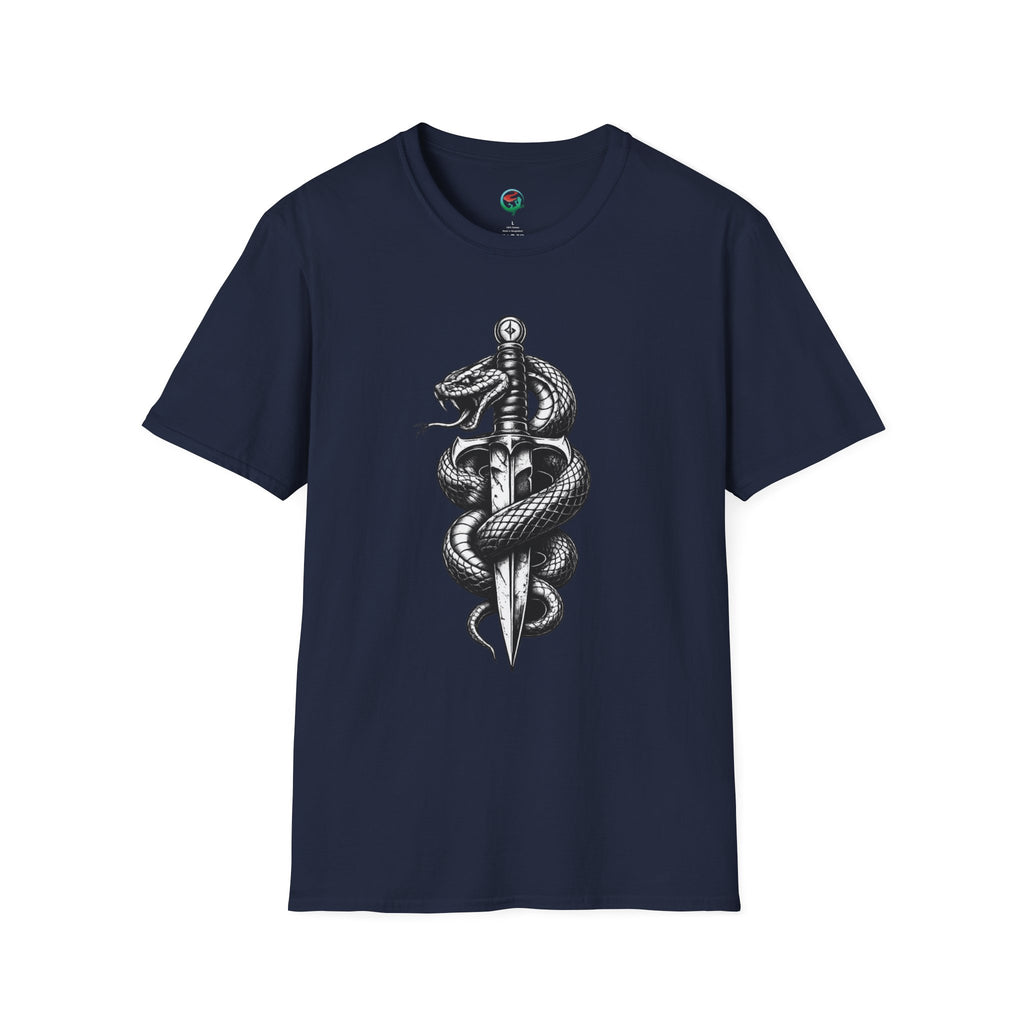 Snake and Dagger T-Shirt — Black Tattoo-Style Serpent Graphic Shirt
