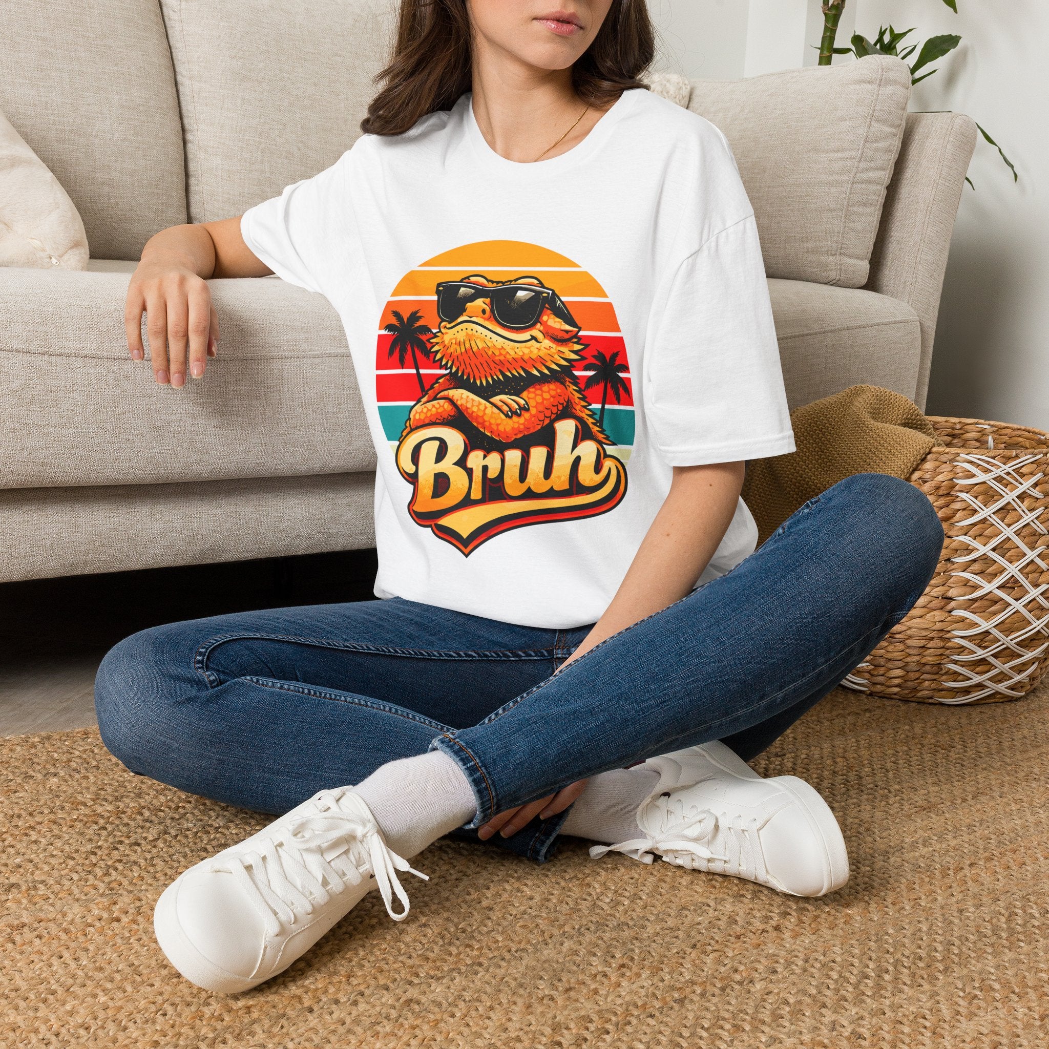 Bearded Dragon 'Bruh' Tee — Retro Sunset Lizard T-Shirt
