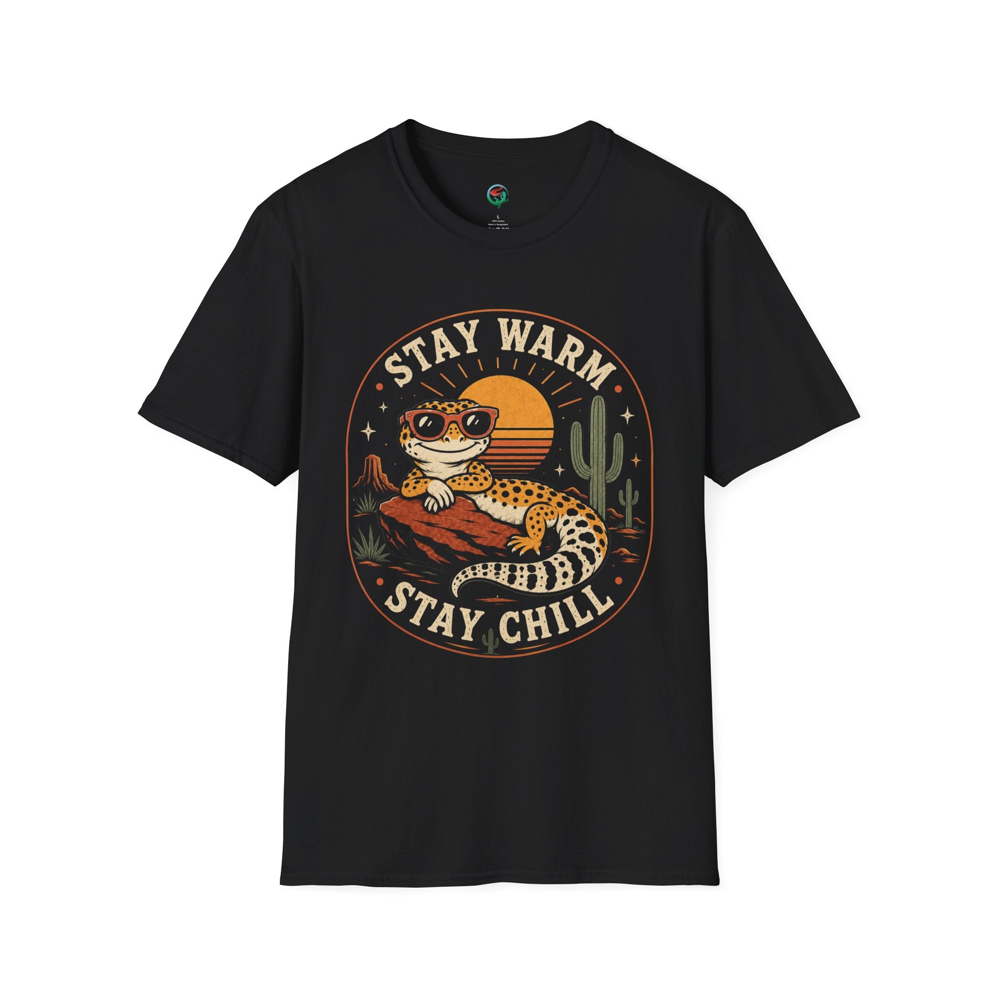 Stay Warm Stay Chill Leopard Gecko T-Shirt — Retro Desert Sunset Crew Tee