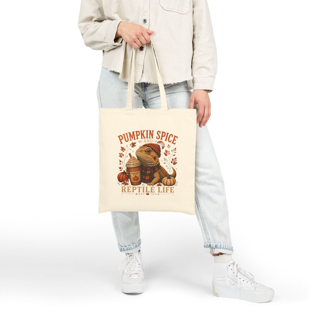 Pumpkin Spice and Reptile Life Canvas Tote Bag | Fall Bearded Dragon Tote | Autumn Reptile Lover Gift