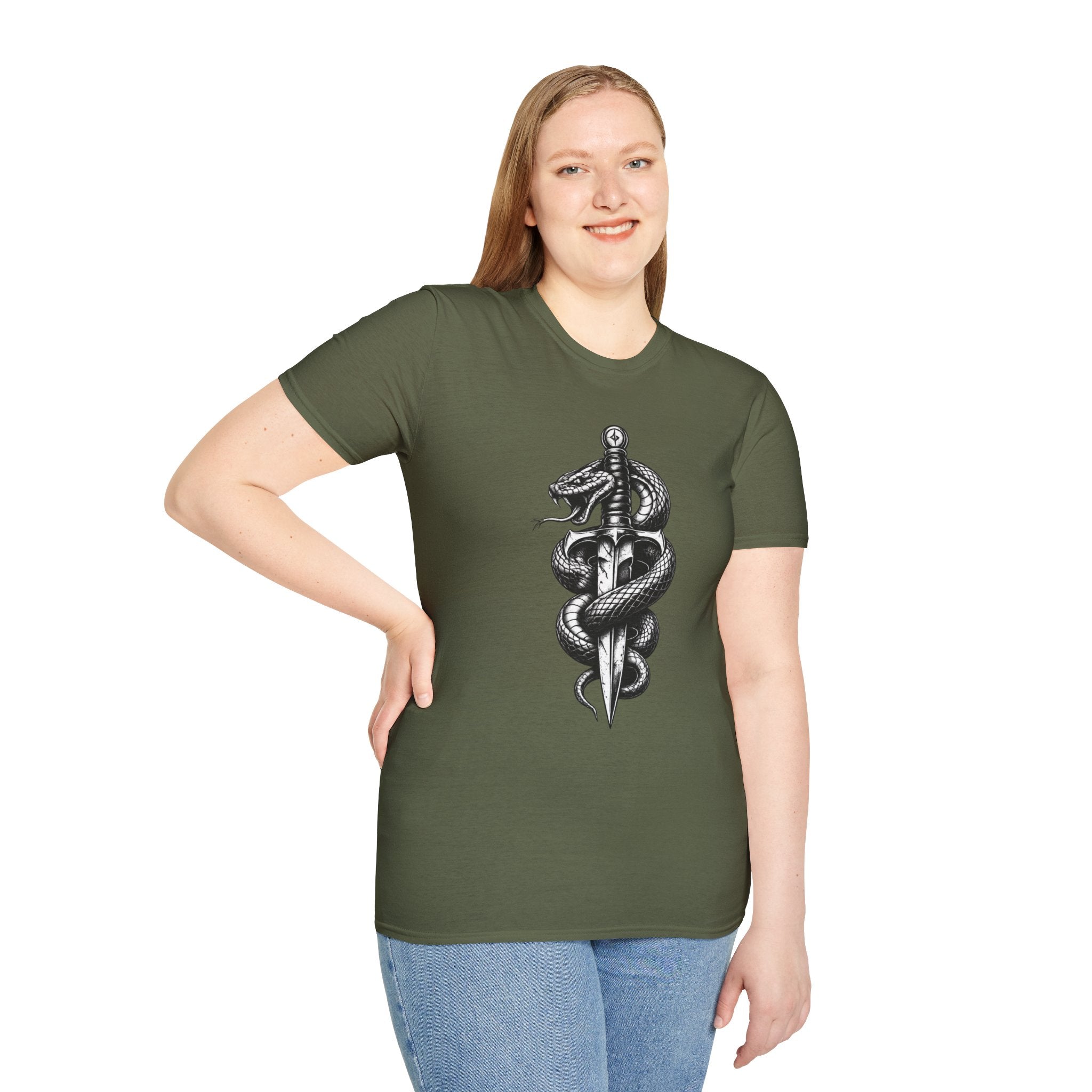 Snake and Dagger T-Shirt — Black Tattoo-Style Serpent Graphic Shirt