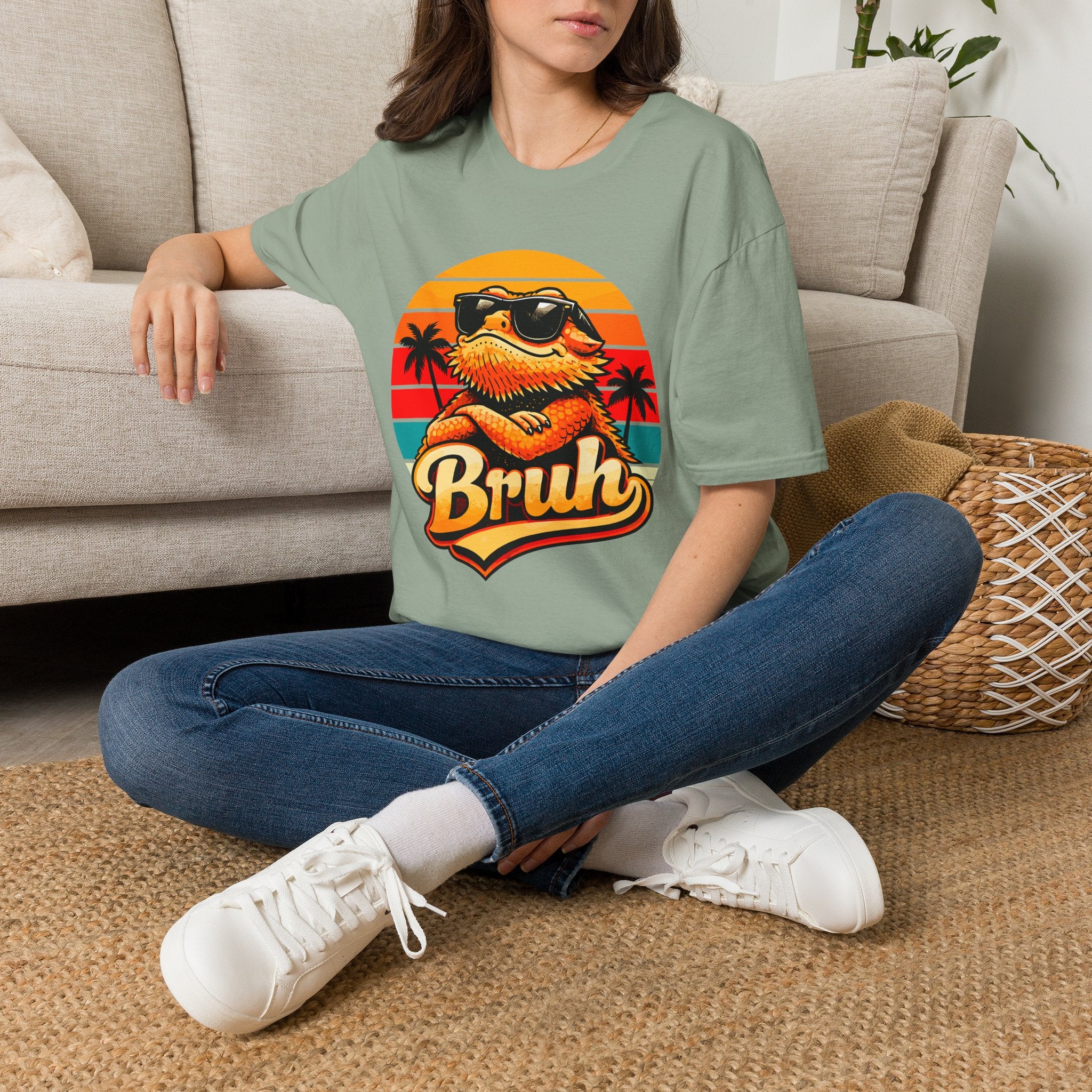 Bearded Dragon 'Bruh' Tee — Retro Sunset Lizard T-Shirt