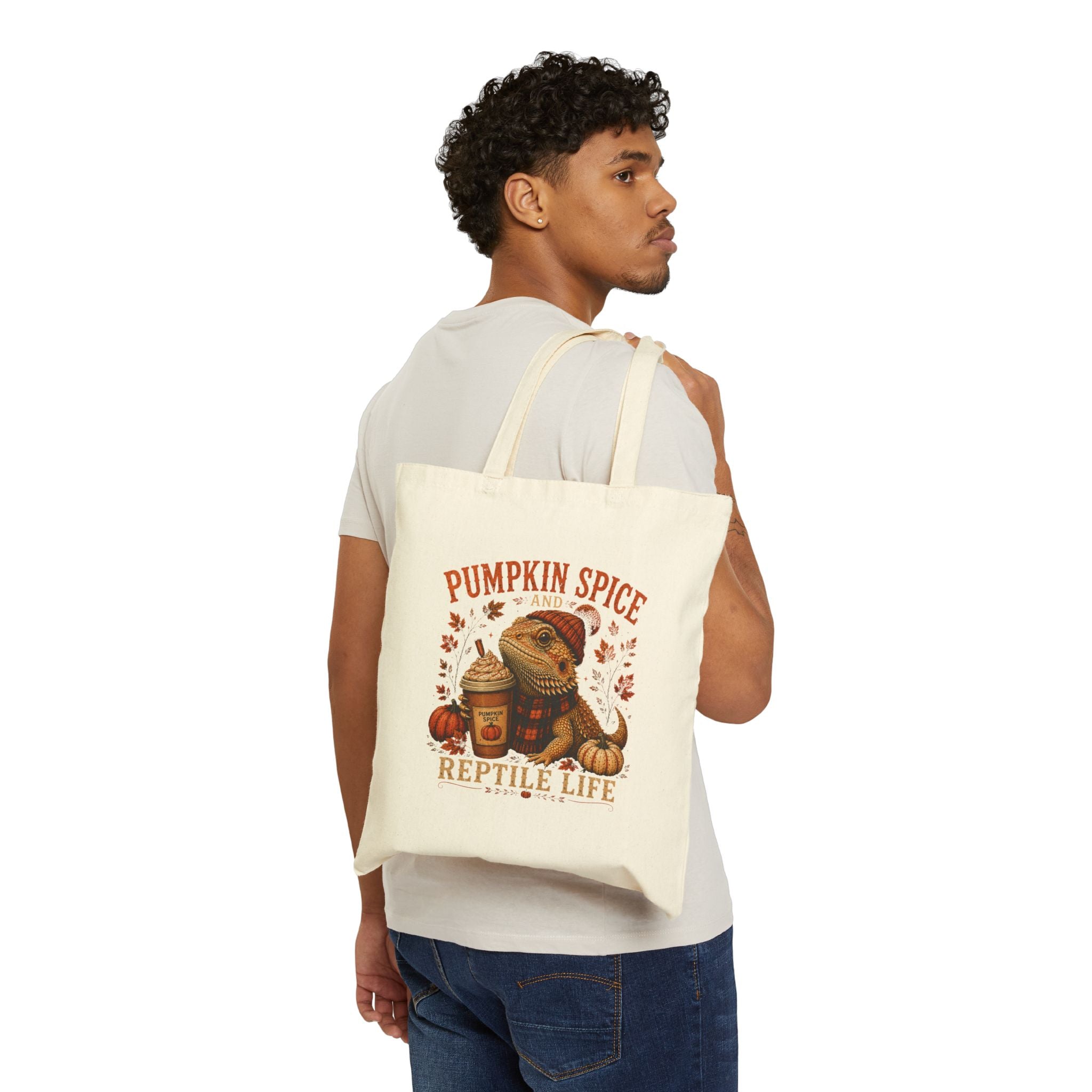 Pumpkin Spice and Reptile Life Canvas Tote Bag | Fall Bearded Dragon Tote | Autumn Reptile Lover Gift