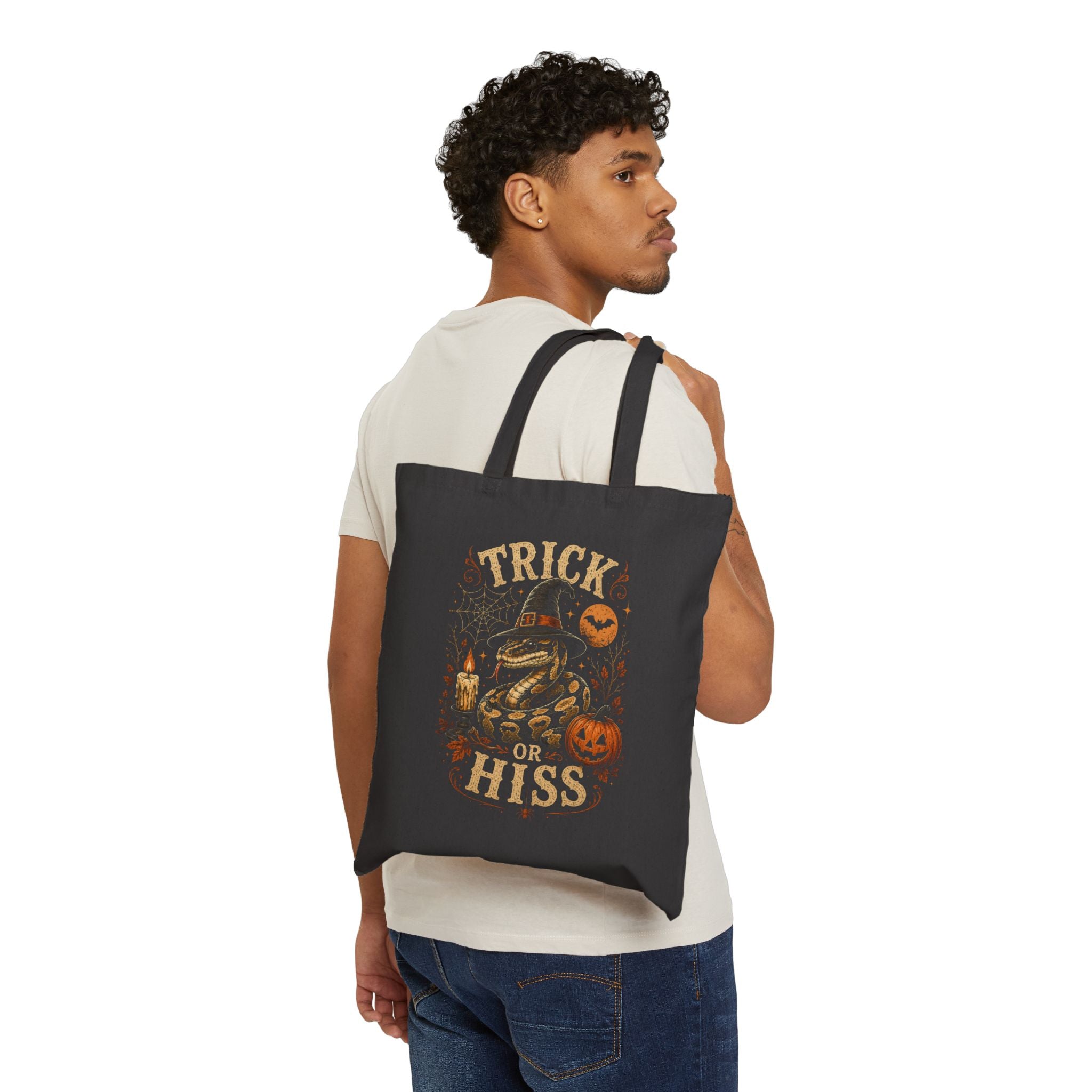 Halloween Tote Bag — "Trick or Hiss" Witchy Snake Pumpkin Canvas Tote