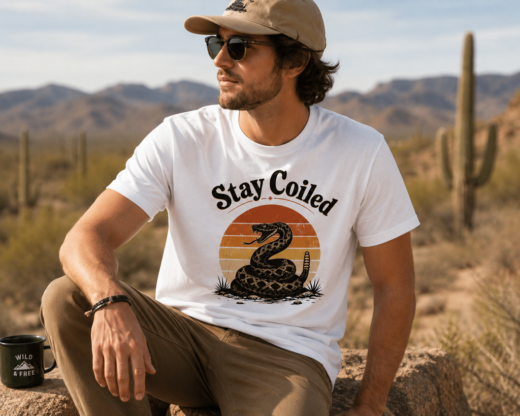 Stay Coiled Snake T-Shirt — Retro Vintage Sunset Graphic Tee