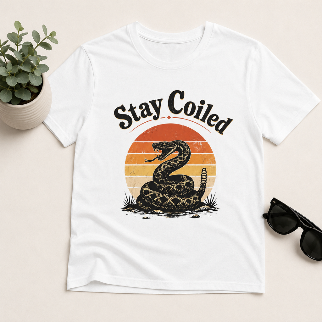 Stay Coiled Snake T-Shirt — Retro Vintage Sunset Graphic Tee
