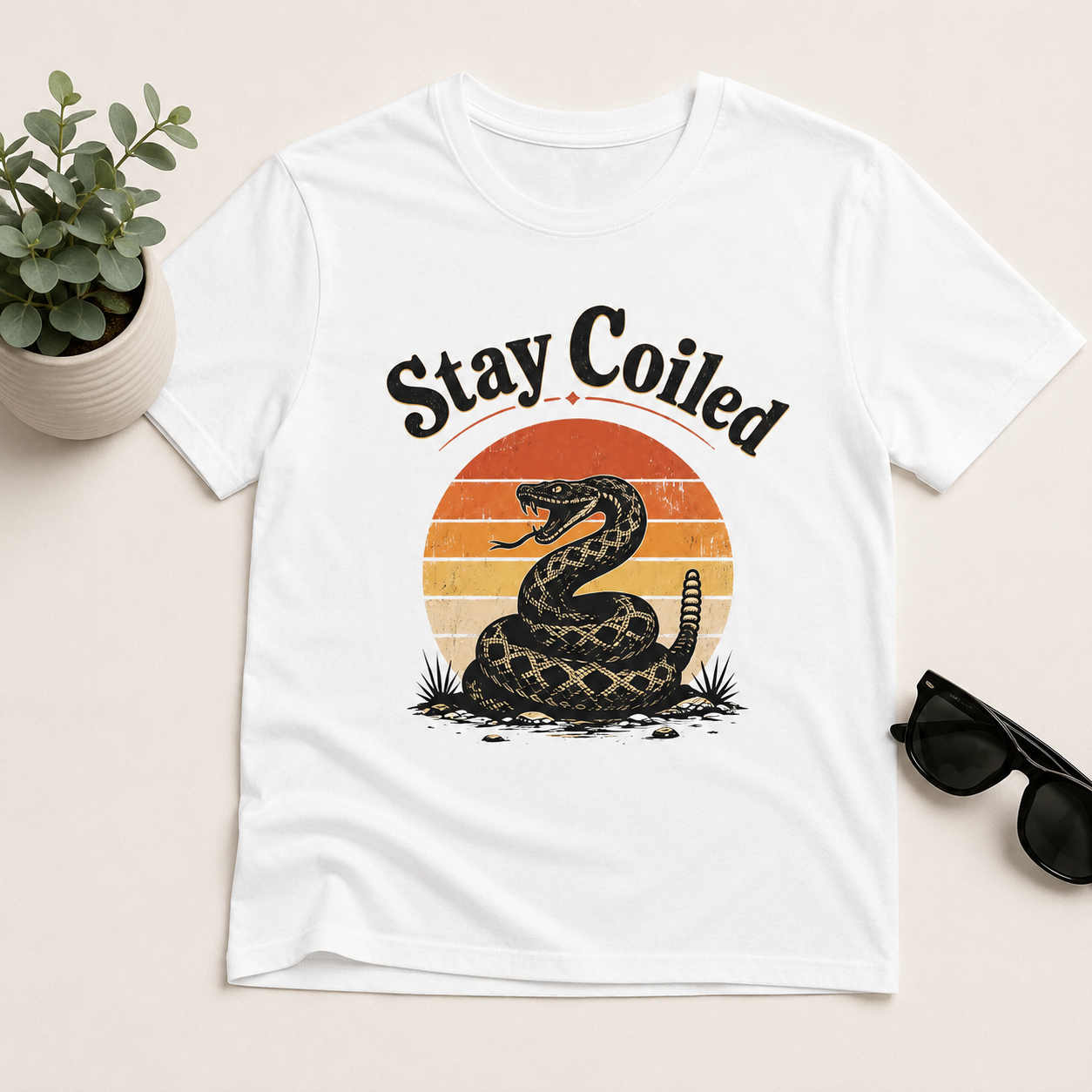Stay Coiled Snake T-Shirt — Retro Vintage Sunset Graphic Tee