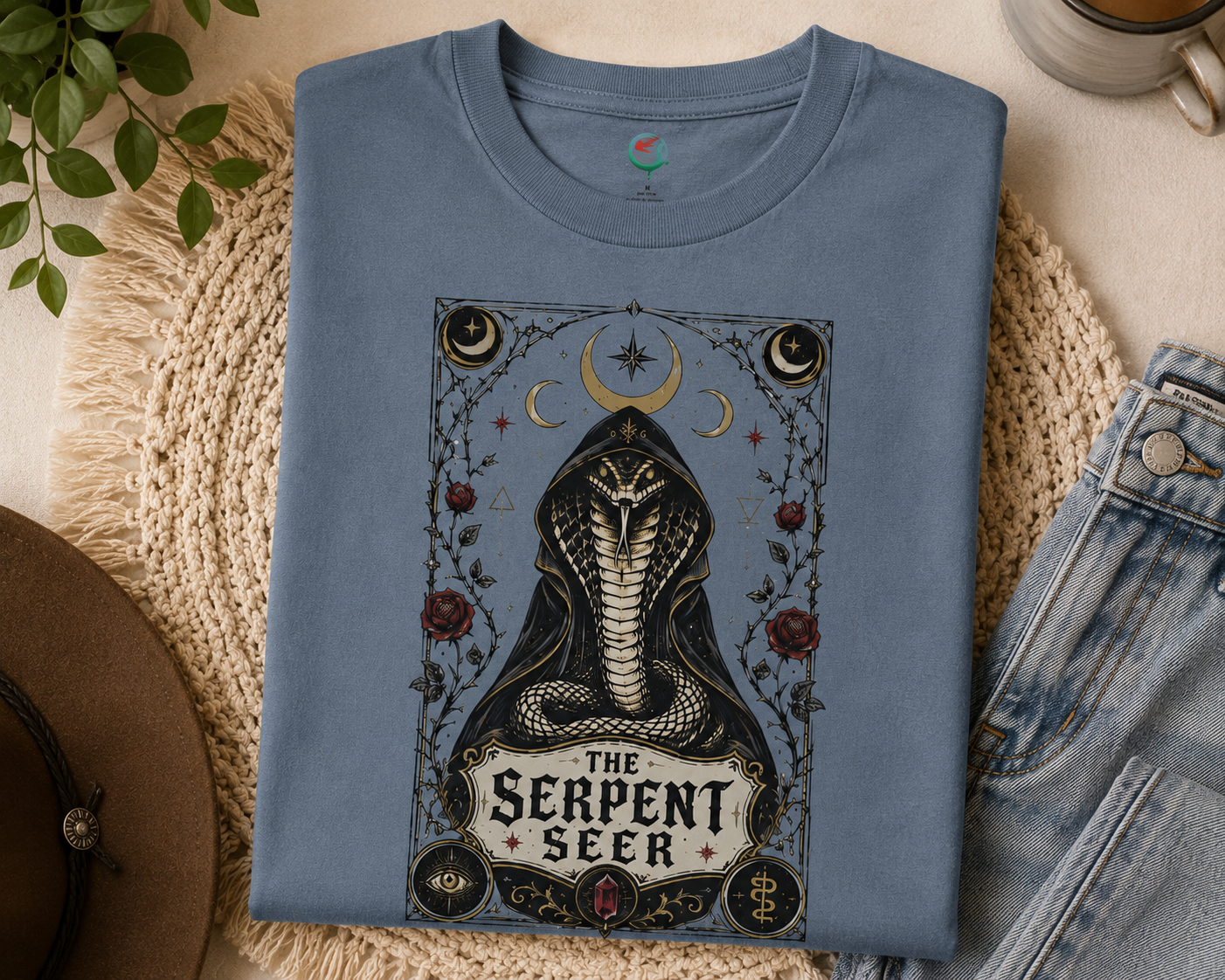 Serpent Seer T-Shirt — Mystical Cobra & Moon Phase Graphic Tee