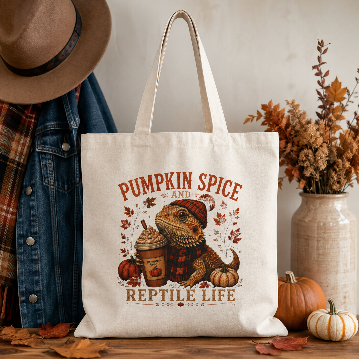 Pumpkin Spice and Reptile Life Canvas Tote Bag | Fall Bearded Dragon Tote | Autumn Reptile Lover Gift