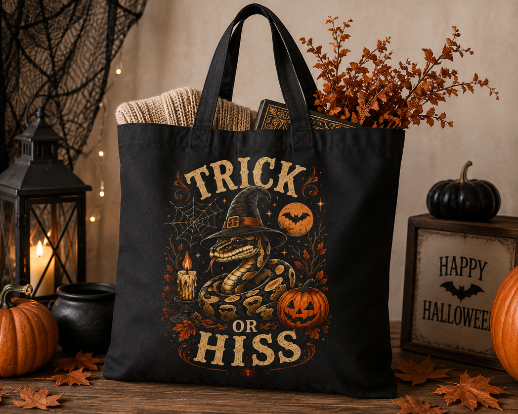 Halloween Tote Bag — "Trick or Hiss" Witchy Snake Pumpkin Canvas Tote