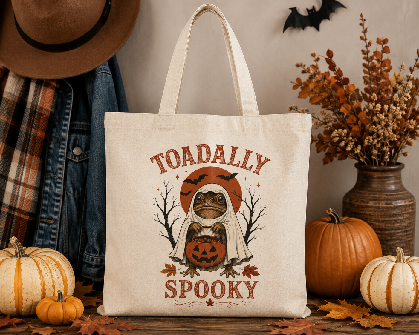Toadally Spooky Tote Bag — Halloween Frog Pumpkin Cotton Canvas Tote