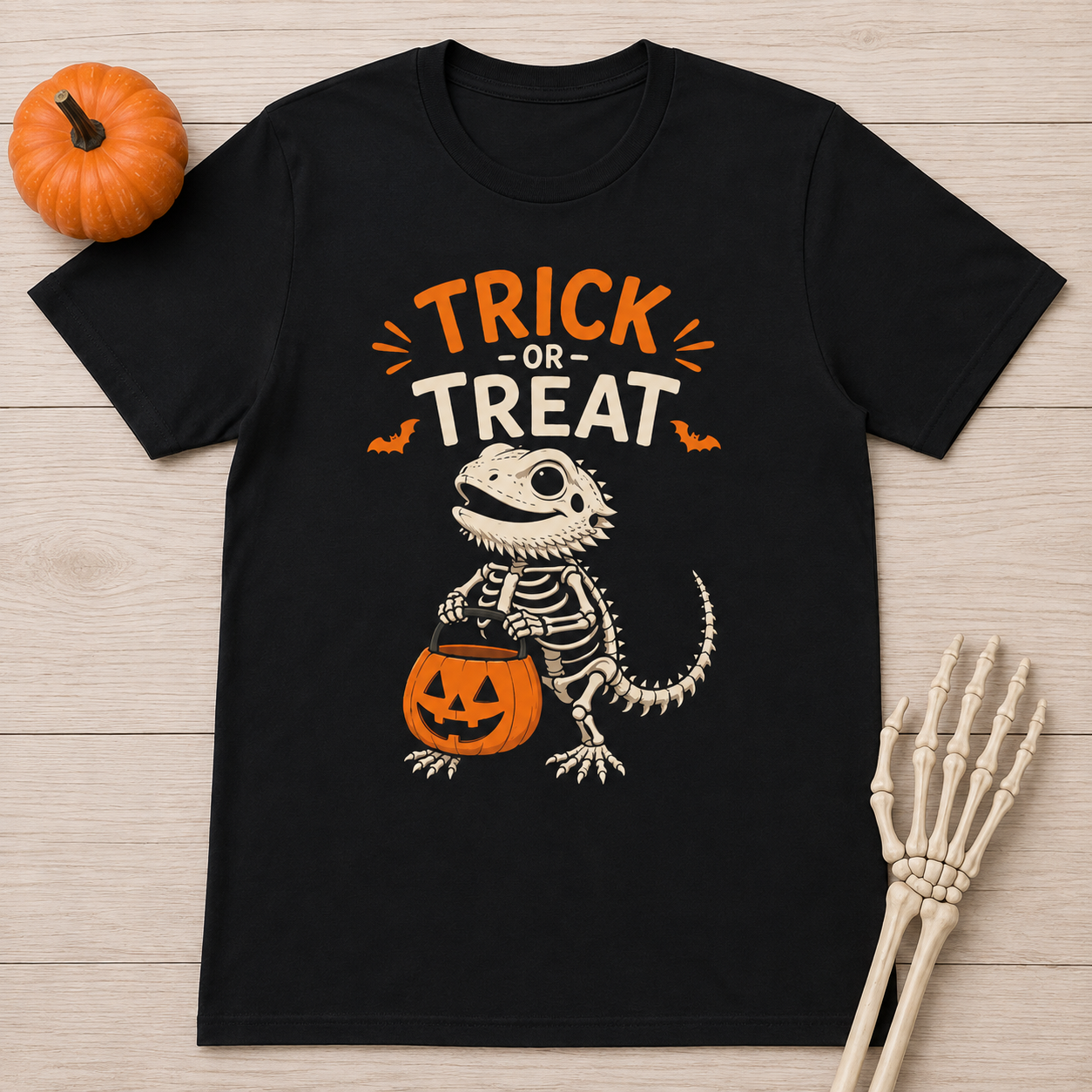 Trick or Treat Lizard Tee — Halloween Reptile Skeleton Pumpkin T-Shirt