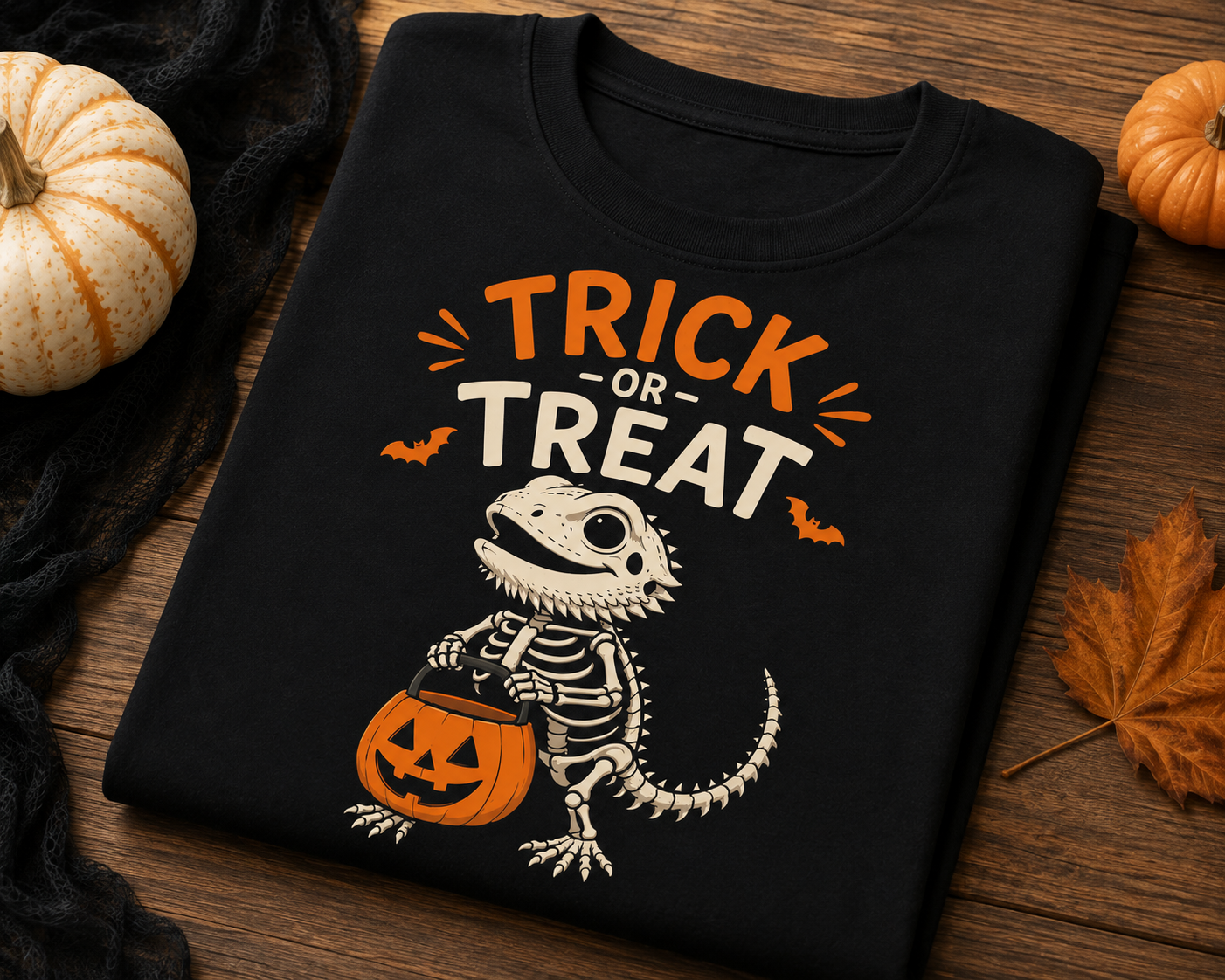 Trick or Treat Lizard Tee — Halloween Reptile Skeleton Pumpkin T-Shirt