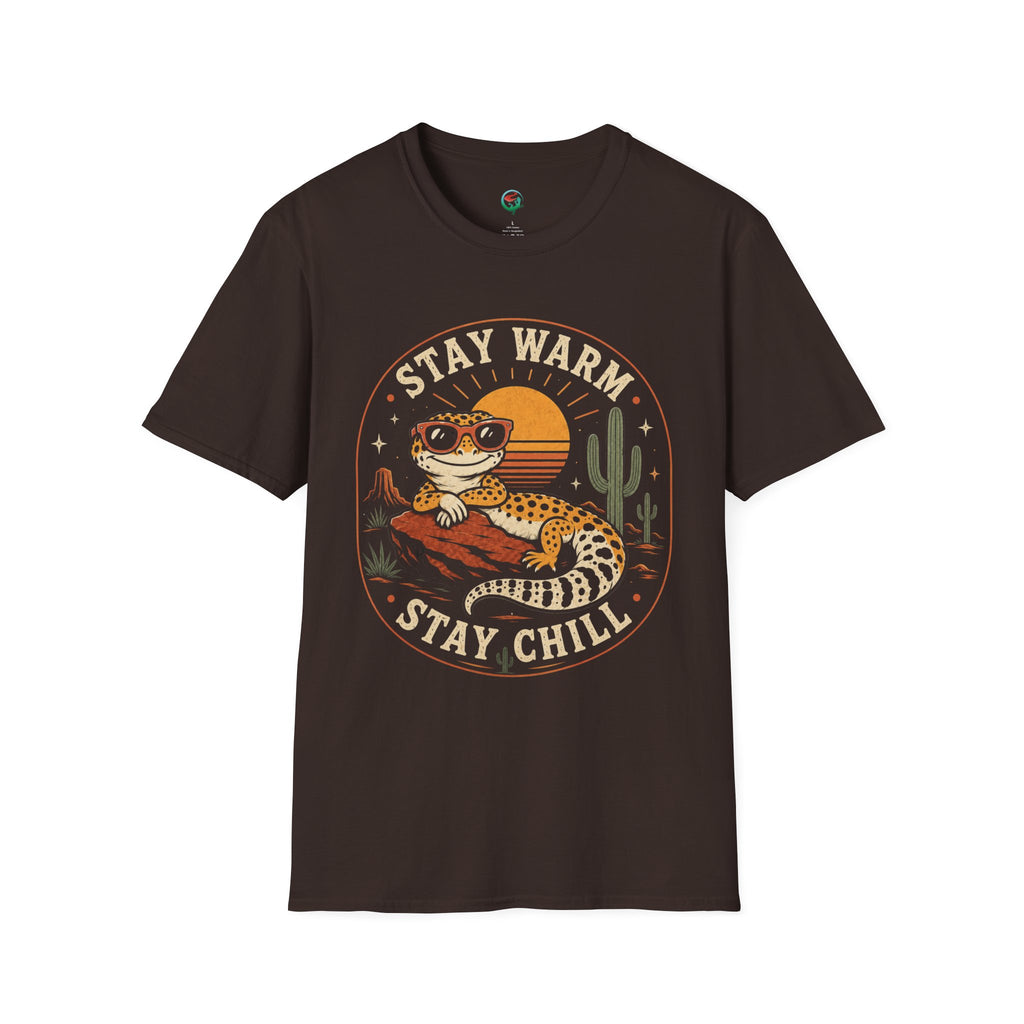 Stay Warm Stay Chill Leopard Gecko T-Shirt — Retro Desert Sunset Crew Tee
