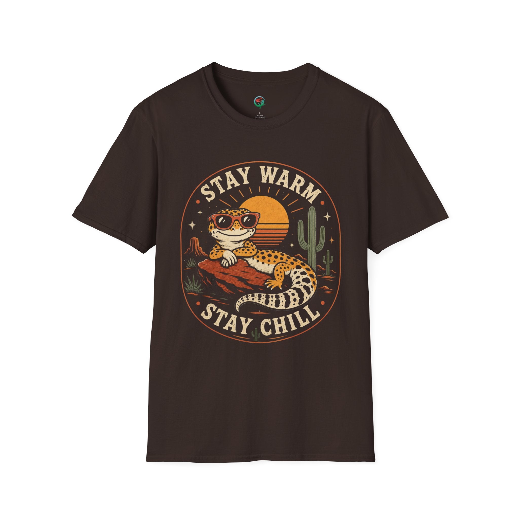 Stay Warm Stay Chill Leopard Gecko T-Shirt — Retro Desert Sunset Crew Tee