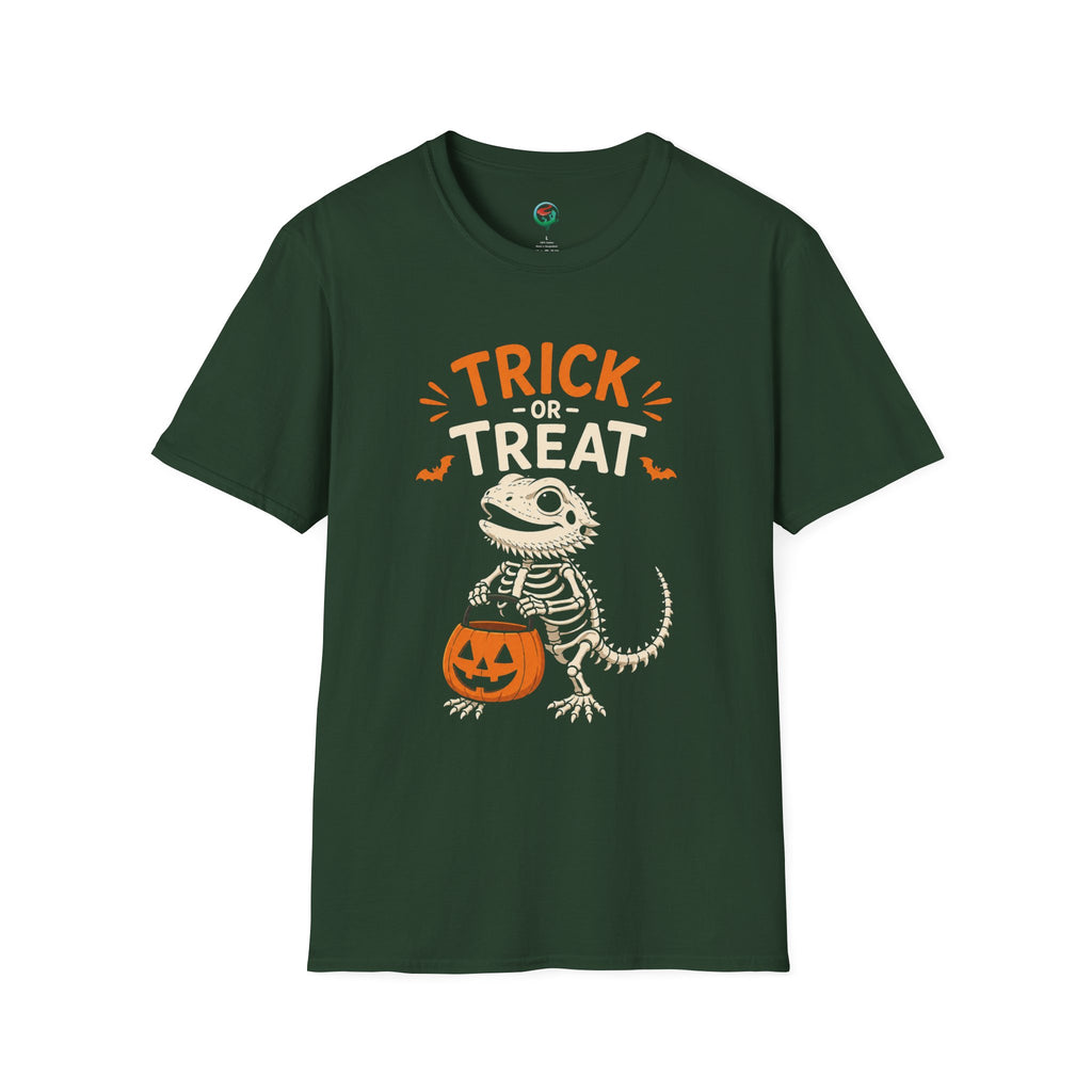 Trick or Treat Lizard Tee — Halloween Reptile Skeleton Pumpkin T-Shirt