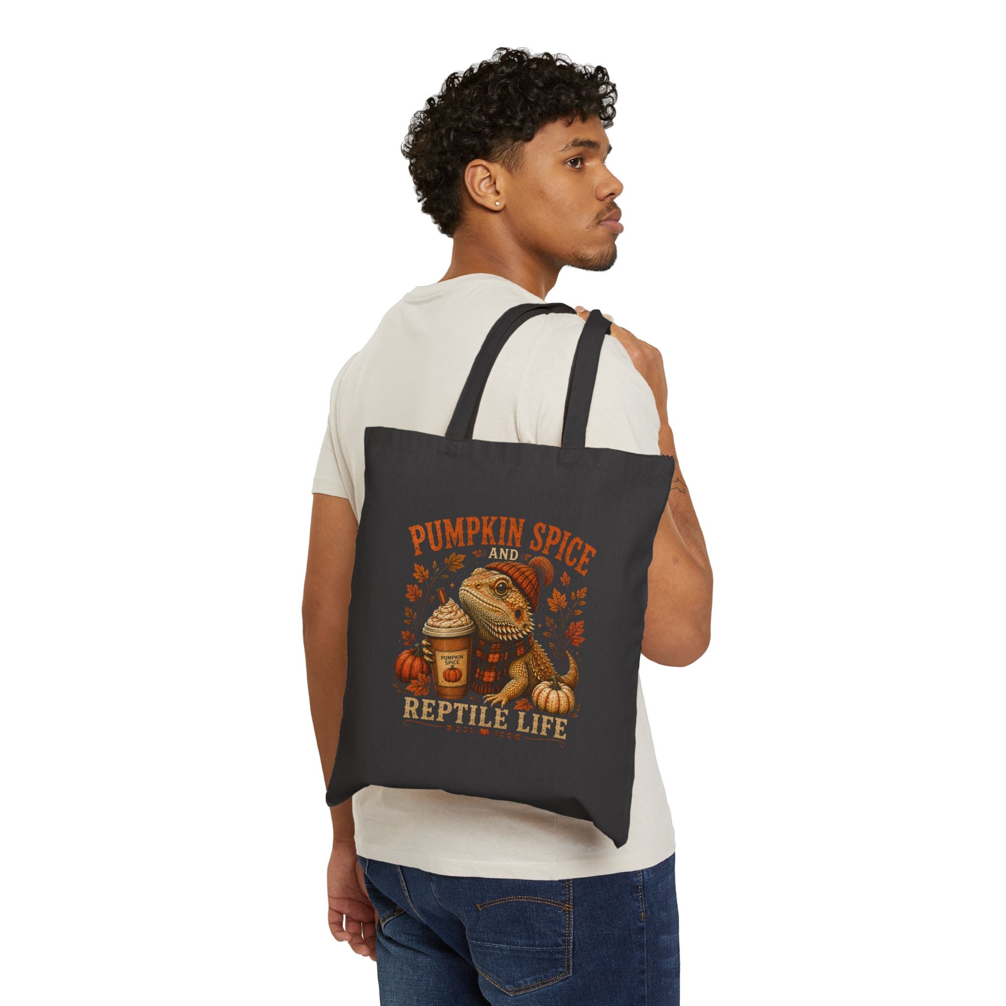 Pumpkin Spice and Reptile Life Canvas Tote Bag | Fall Bearded Dragon Tote | Autumn Reptile Lover Gift