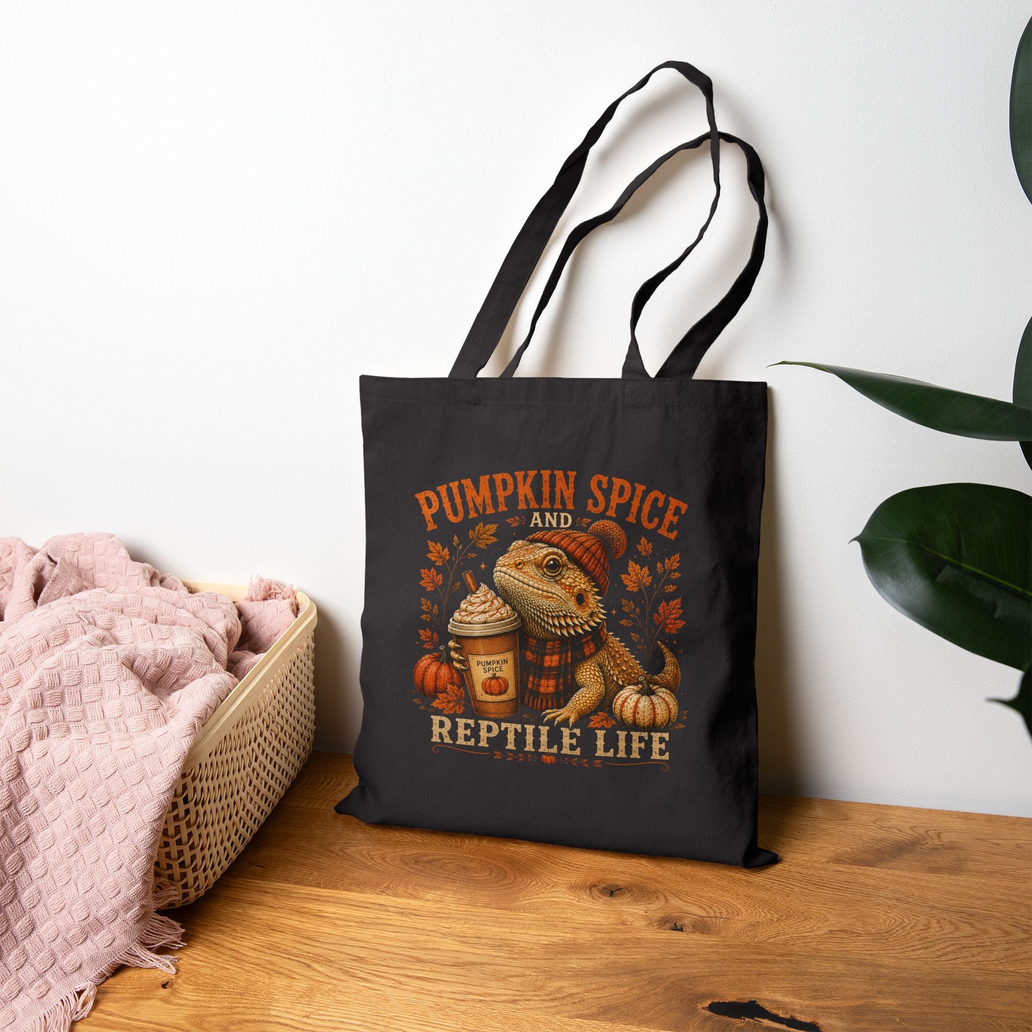 Pumpkin Spice and Reptile Life Canvas Tote Bag | Fall Bearded Dragon Tote | Autumn Reptile Lover Gift
