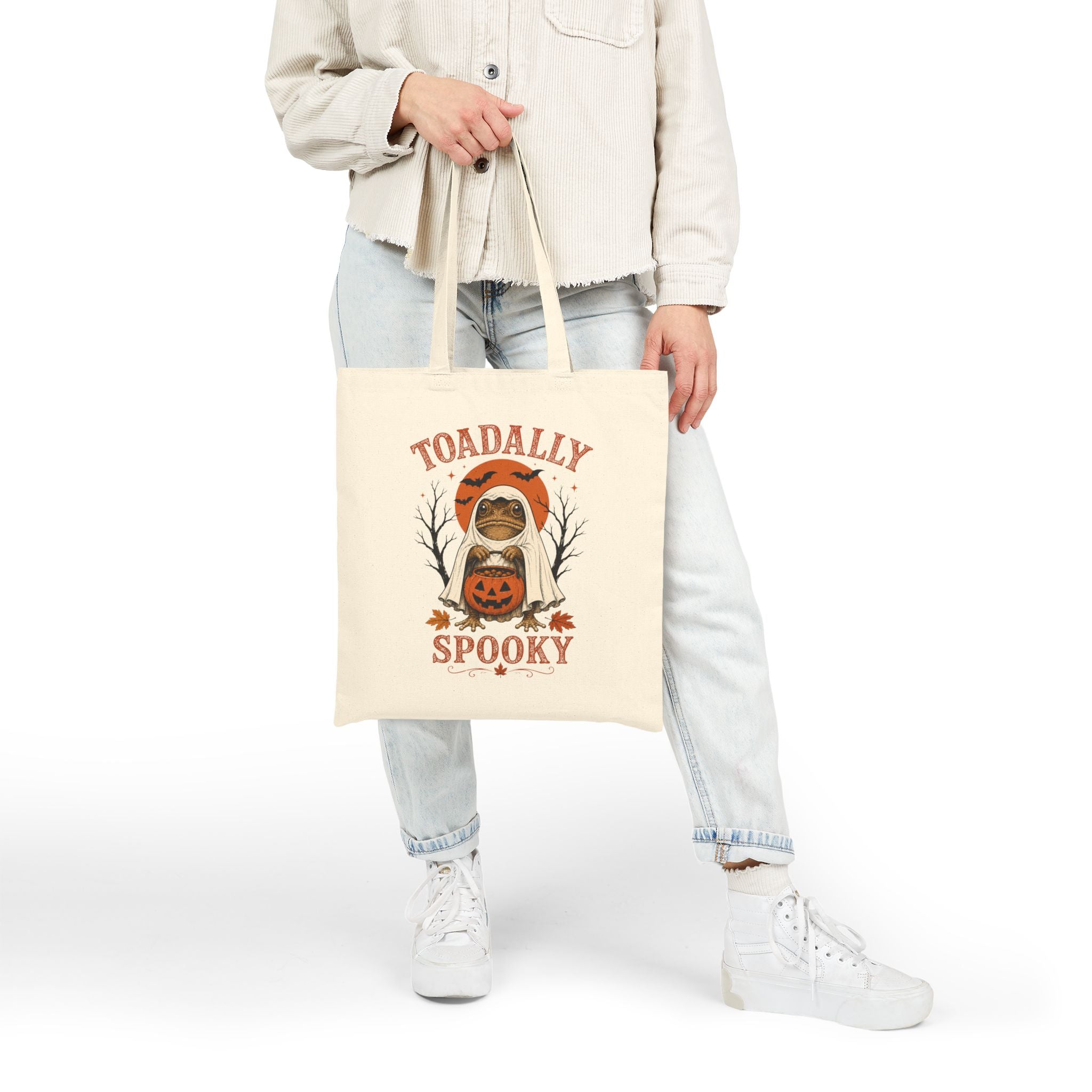 Toadally Spooky Tote Bag — Halloween Frog Pumpkin Cotton Canvas Tote