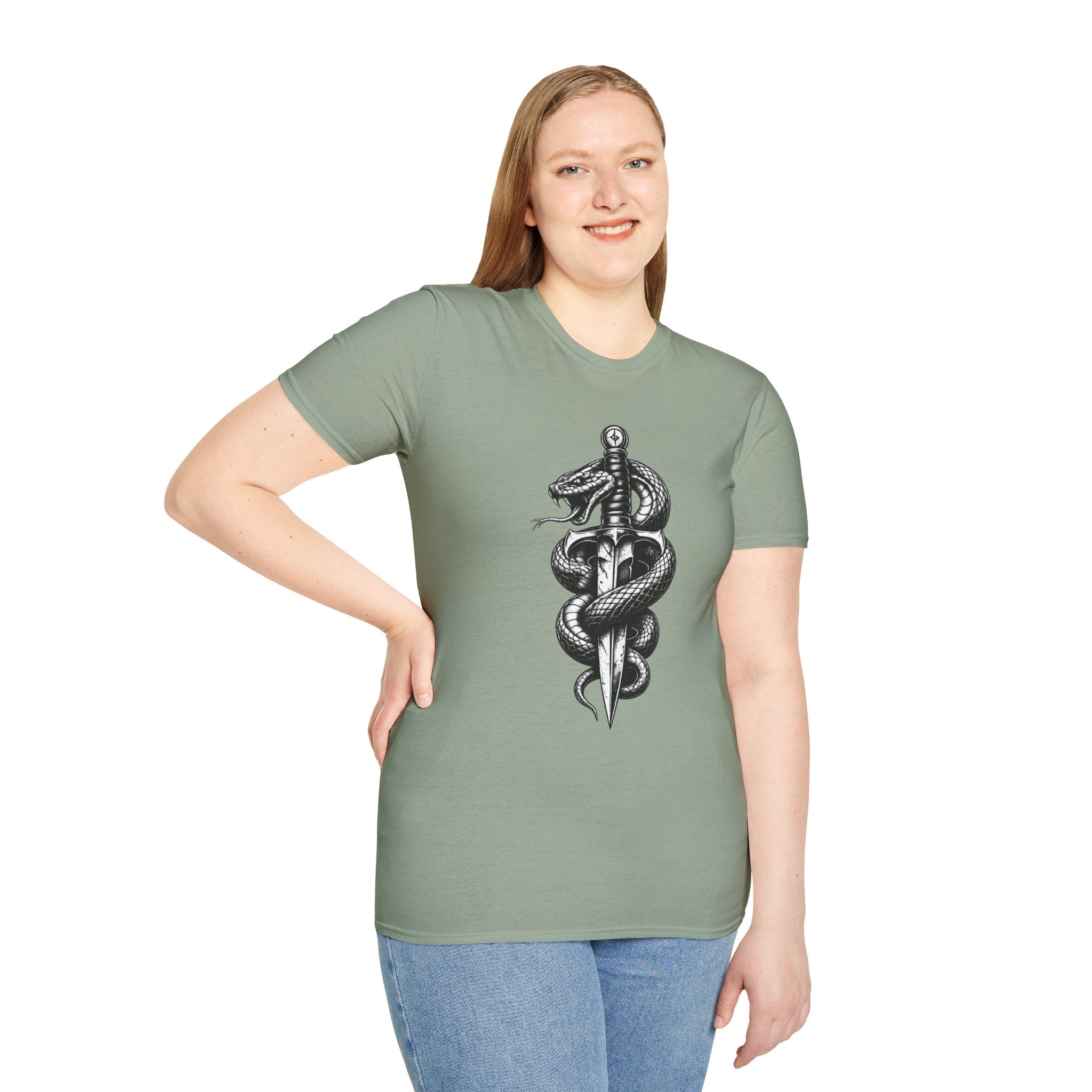 Snake and Dagger T-Shirt — Black Tattoo-Style Serpent Graphic Shirt