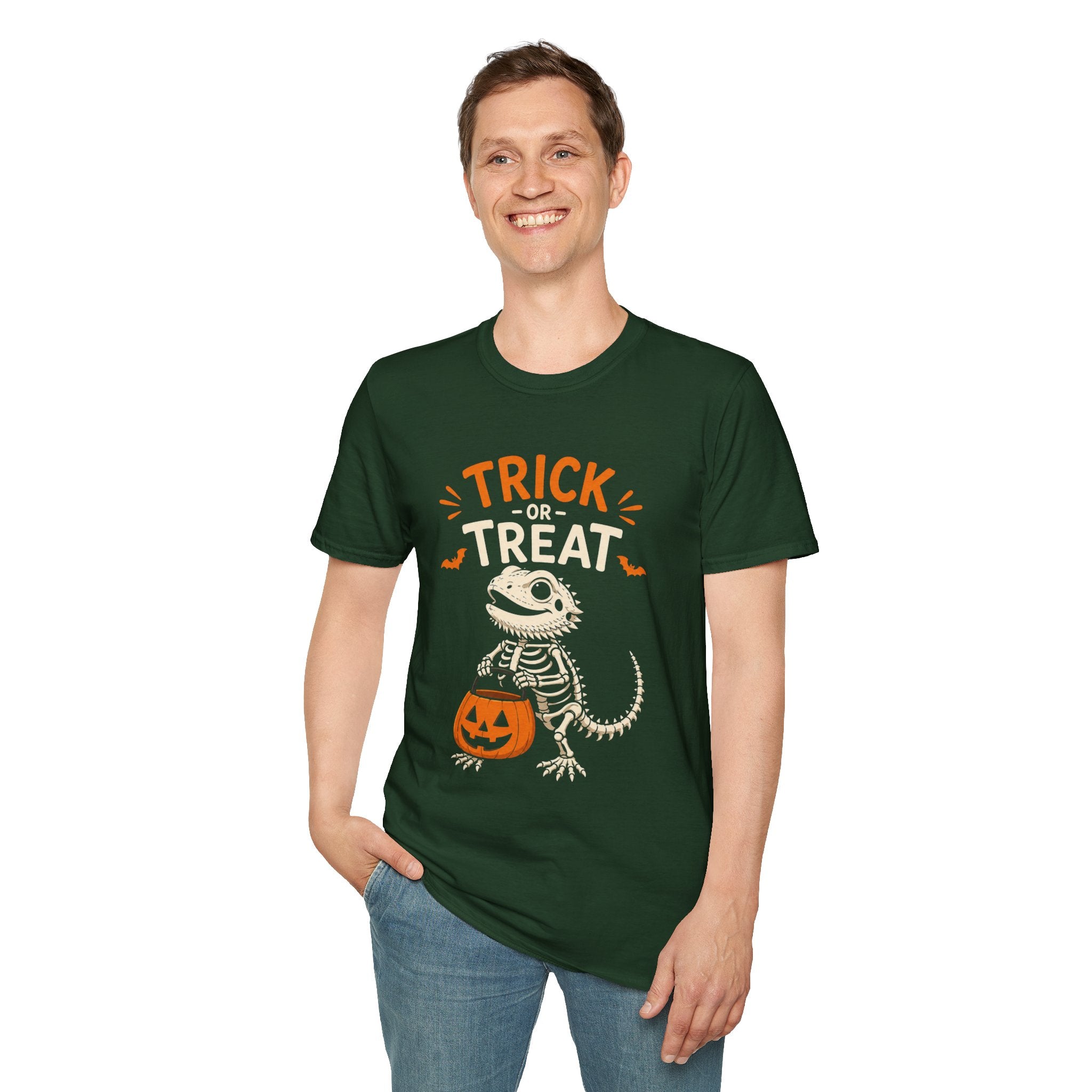 Trick or Treat Lizard Tee — Halloween Reptile Skeleton Pumpkin T-Shirt