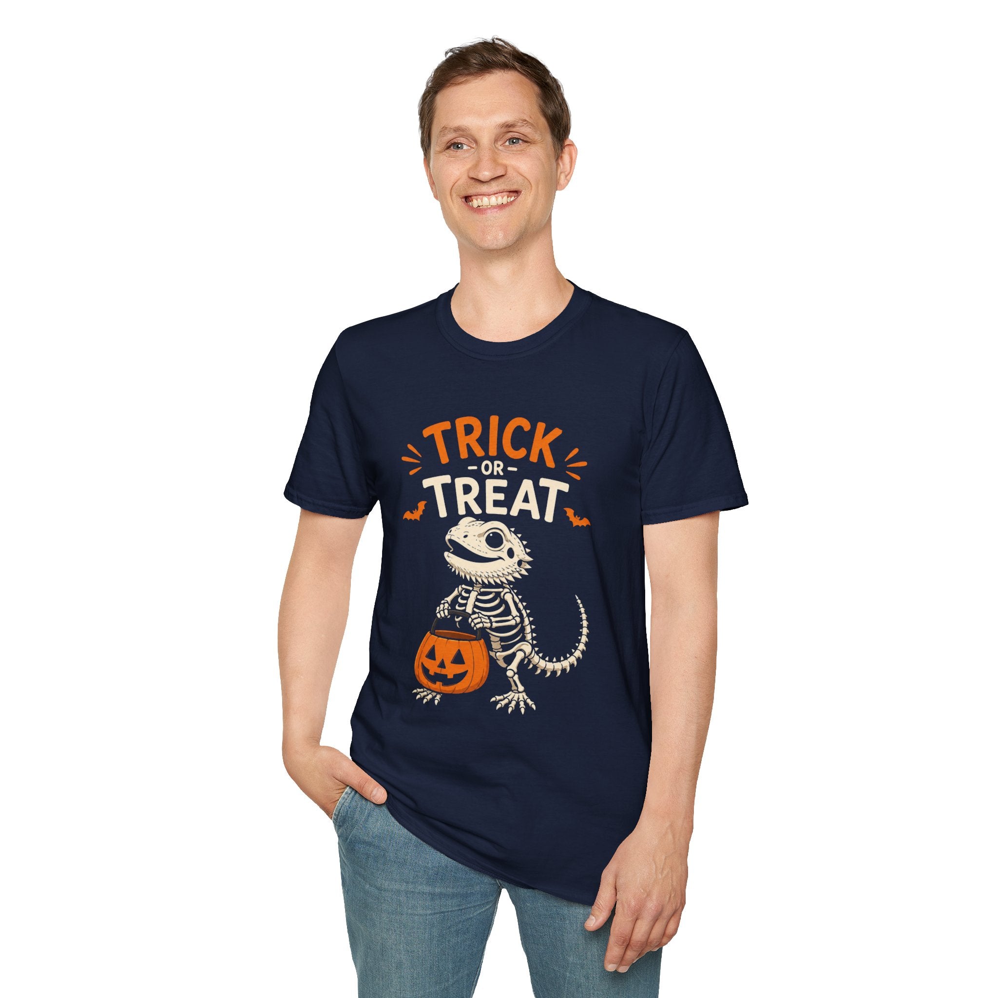 Trick or Treat Lizard Tee — Halloween Reptile Skeleton Pumpkin T-Shirt