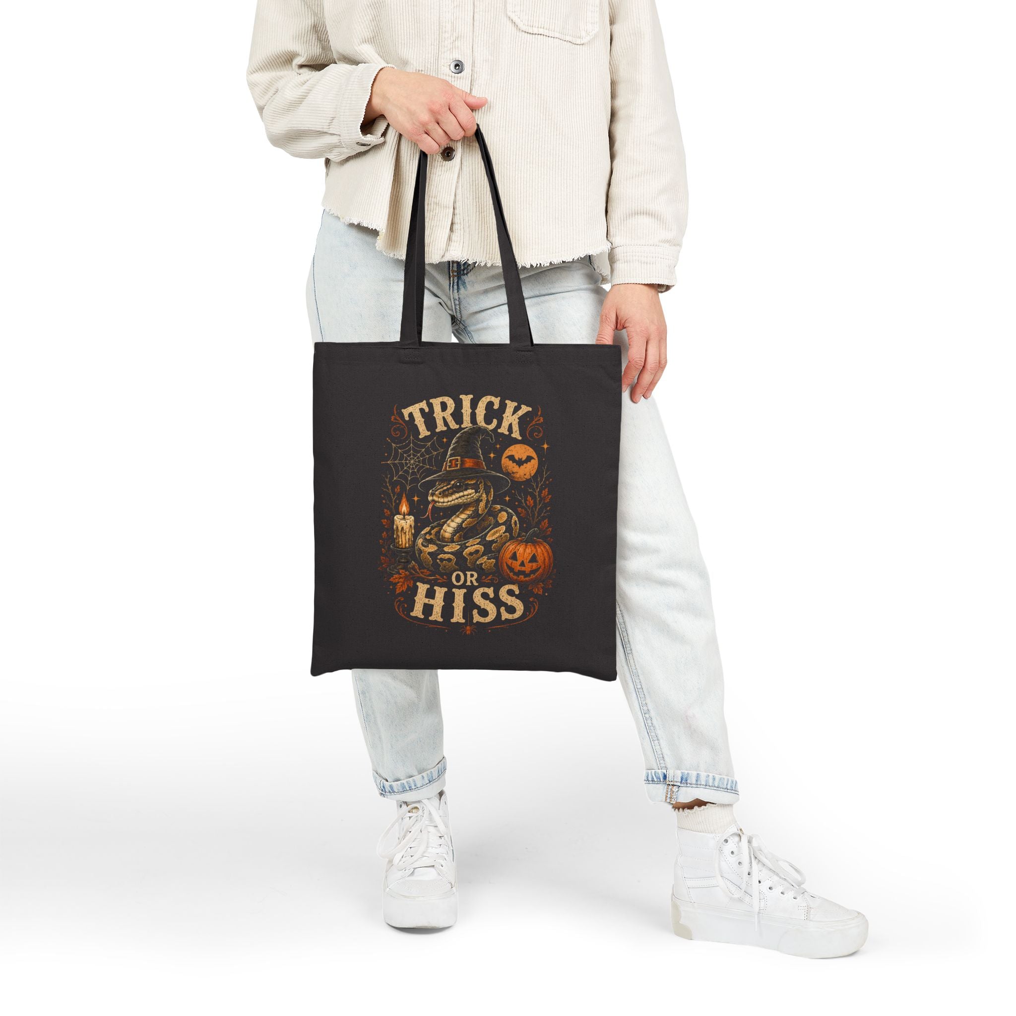 Halloween Tote Bag — "Trick or Hiss" Witchy Snake Pumpkin Canvas Tote