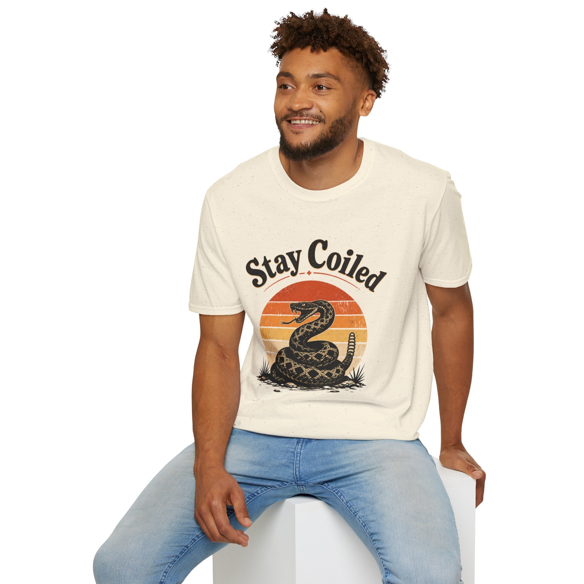 Stay Coiled Snake T-Shirt — Retro Vintage Sunset Graphic Tee