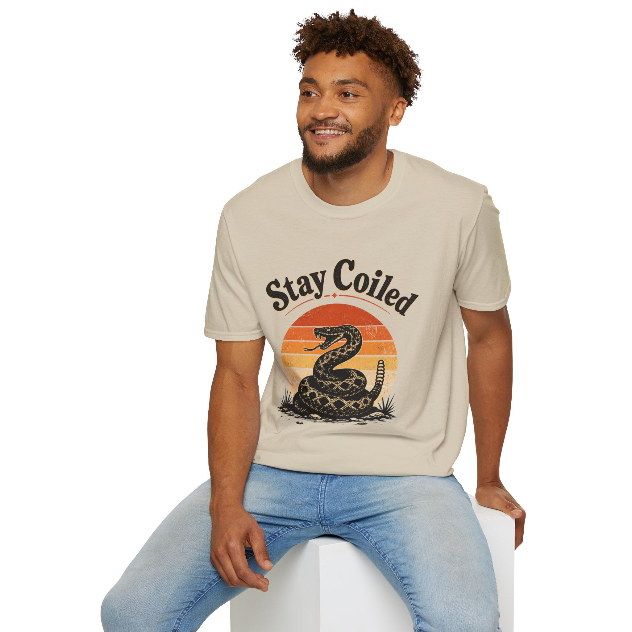 Stay Coiled Snake T-Shirt — Retro Vintage Sunset Graphic Tee