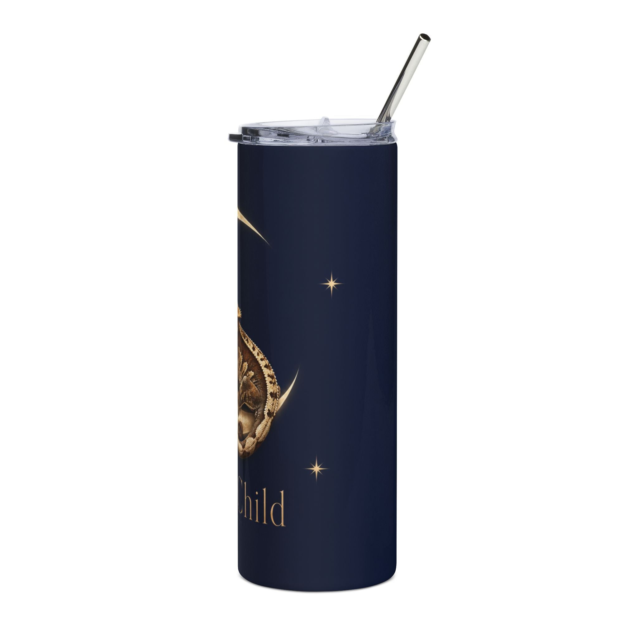 Moon Child Tumbler — 20oz Stainless Steel Travel Cup with Crested Gecko on Crescent Moon