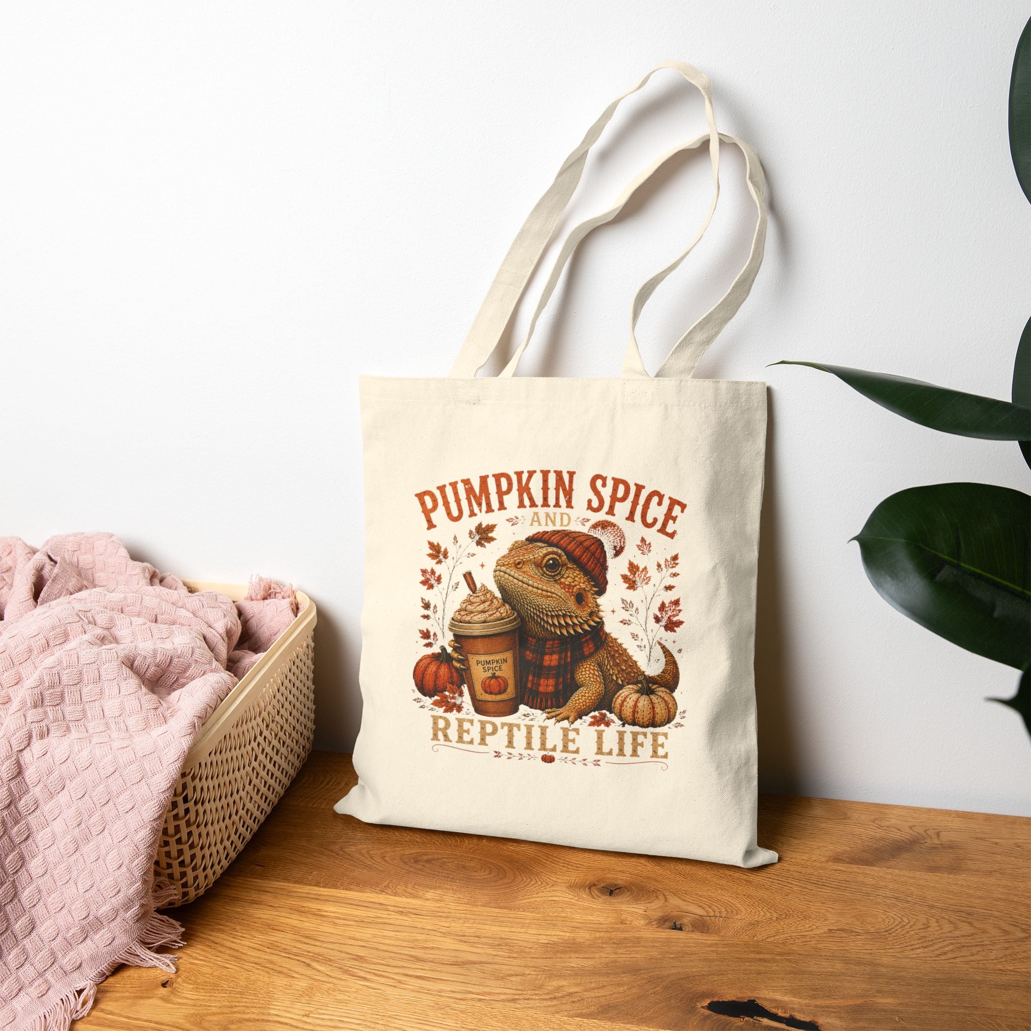 Pumpkin Spice and Reptile Life Canvas Tote Bag | Fall Bearded Dragon Tote | Autumn Reptile Lover Gift