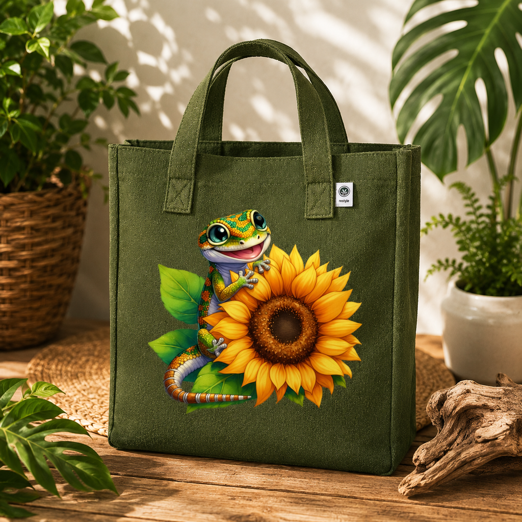 Gecko and Flower Hemp Tote Bag