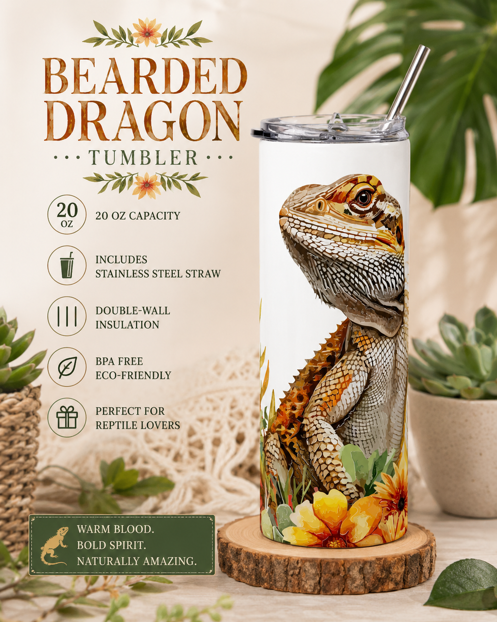 Bearded Dragon Floral 20oz Stainless Tumbler