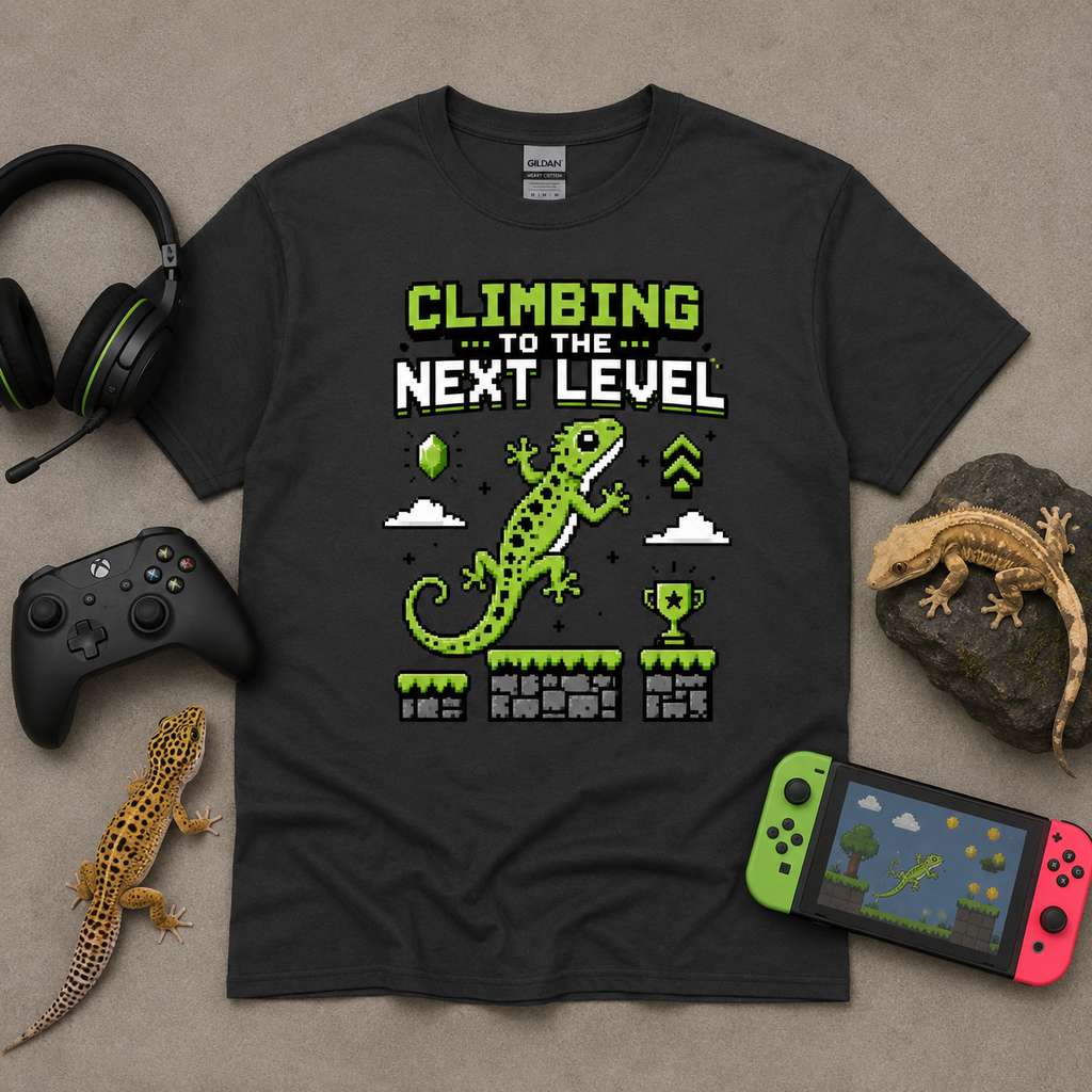 Climbing to the Next Level - Funny Gamer Gecko Tee