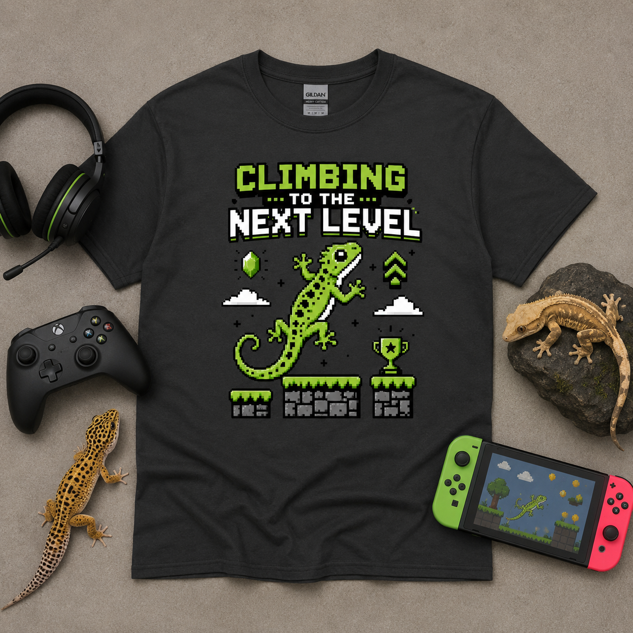 Climbing to the Next Level - Funny Gamer Gecko Tee