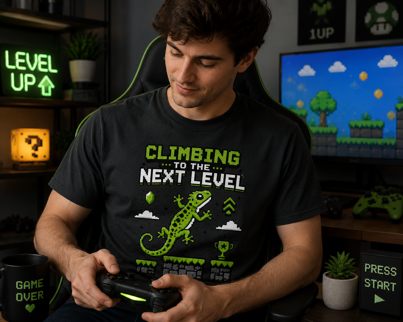 Climbing to the Next Level - Funny Gamer Gecko Tee