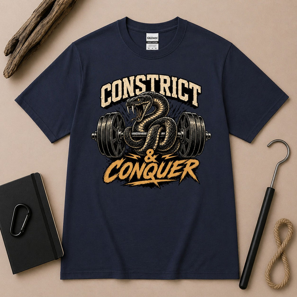 Constrict & Conquer Snake Gym Shirt | Motivational Fitness Reptile Tee
