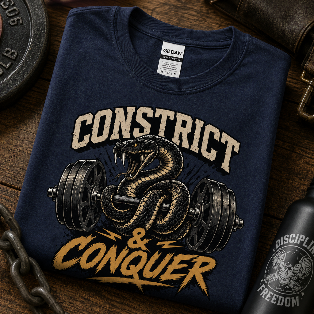 Constrict & Conquer Snake Gym Shirt | Motivational Fitness Reptile Tee