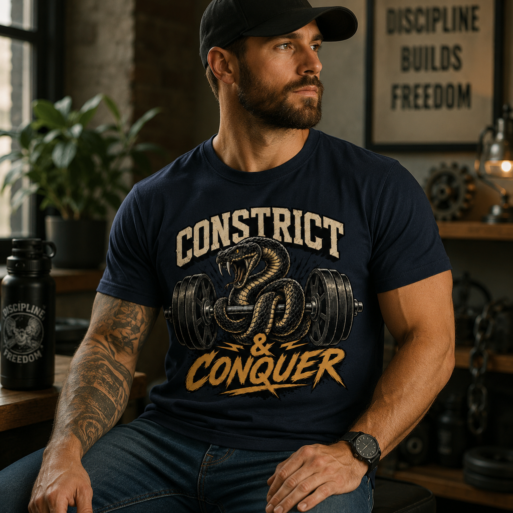 Constrict & Conquer Snake Gym Shirt | Motivational Fitness Reptile Tee