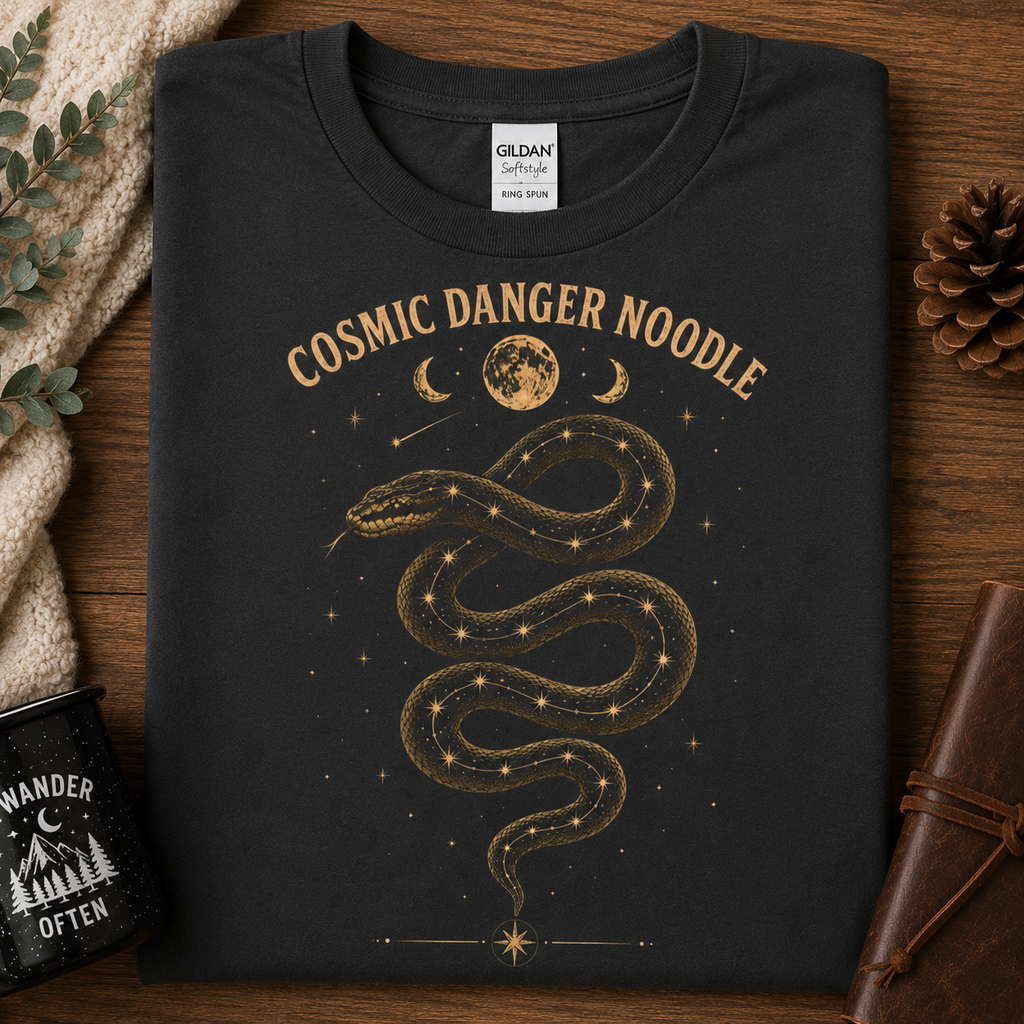 Cosmic Danger Noodle Snake T-Shirt | Celestial Snake & Stars Graphic Tee