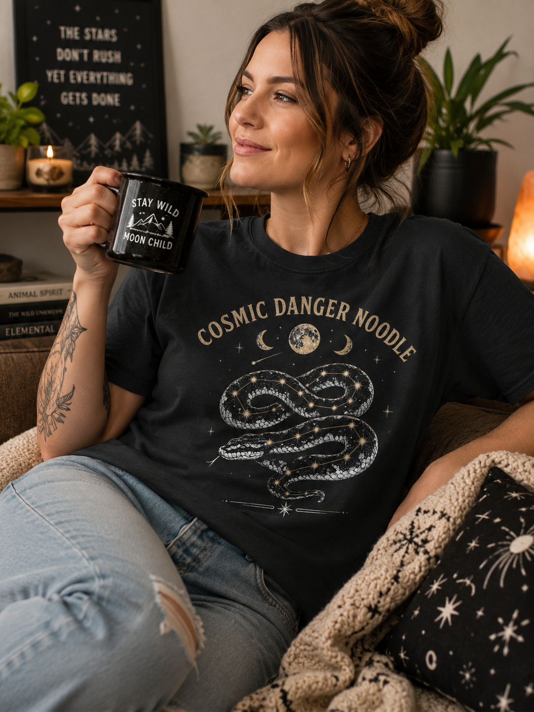Cosmic Danger Noodle Snake T-Shirt | Celestial Snake & Stars Tee