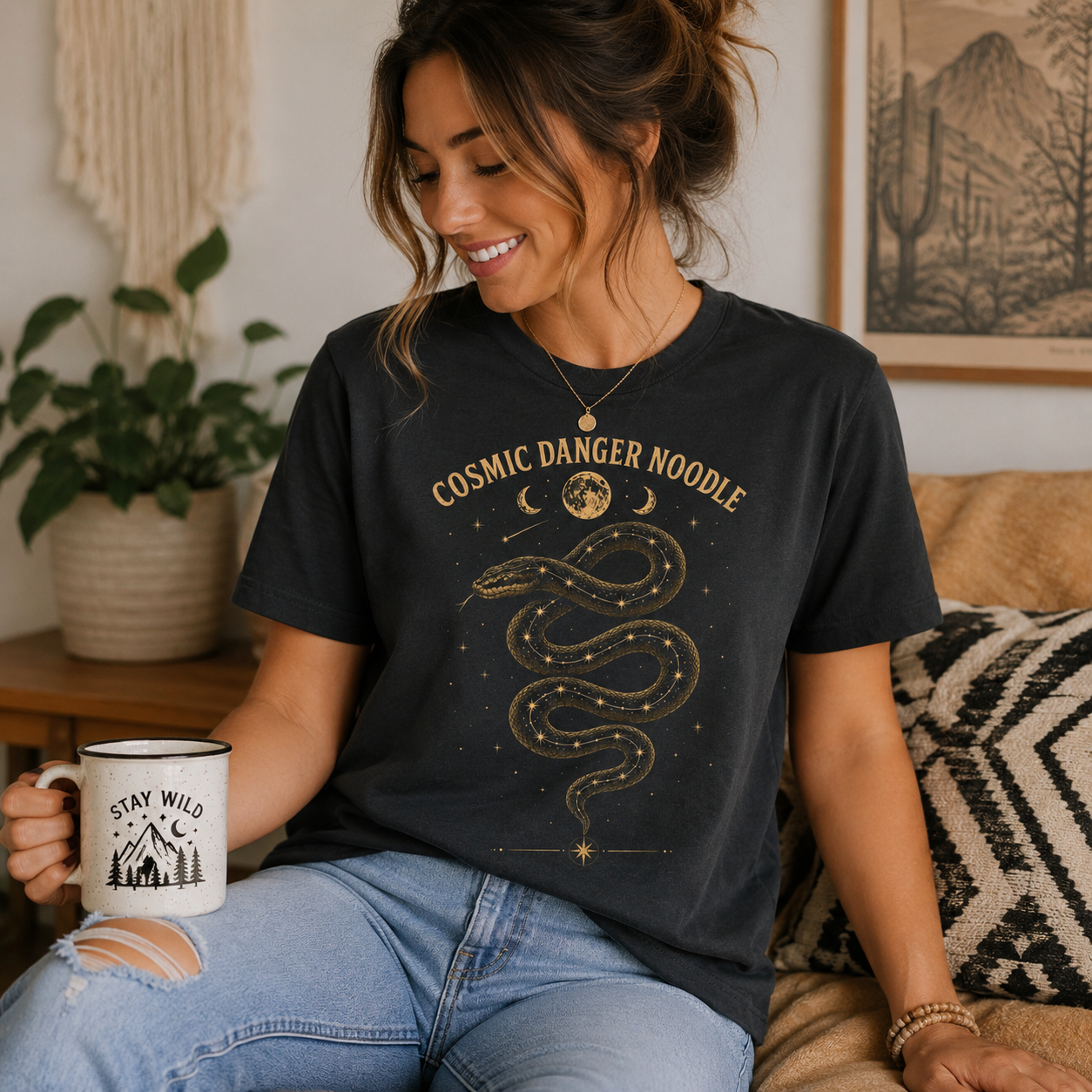 Cosmic Danger Noodle Snake T-Shirt | Celestial Snake & Stars Graphic Tee