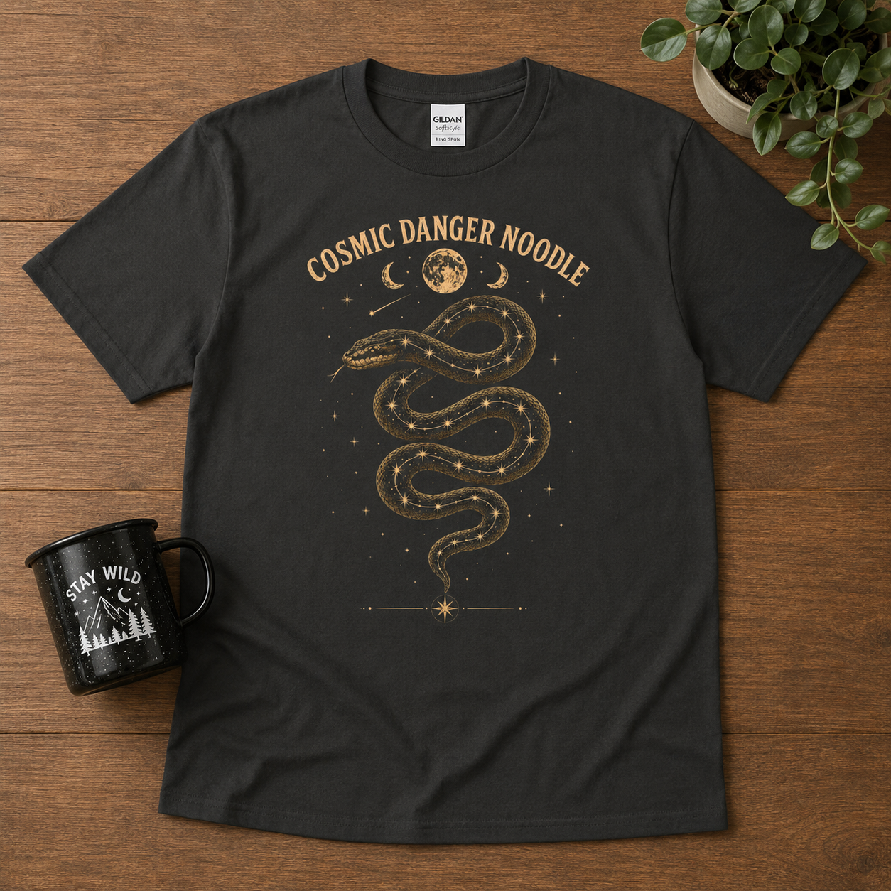 Cosmic Danger Noodle Snake T-Shirt | Celestial Snake & Stars Graphic Tee
