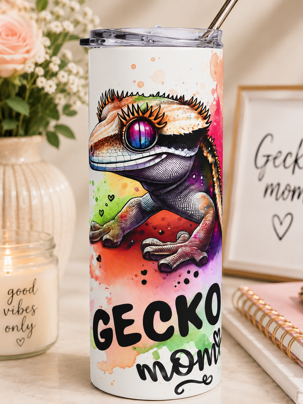 Gecko Mom 20oz Stainless Steel Tumbler — Colorful Reptile Lover Travel Cup