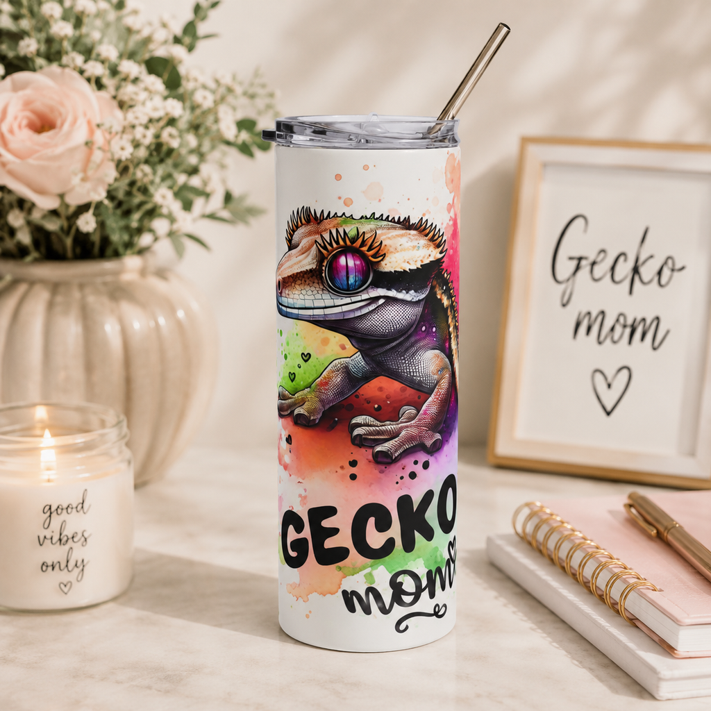 Gecko Mom 20oz Stainless Steel Tumbler — Colorful Reptile Lover Travel Cup